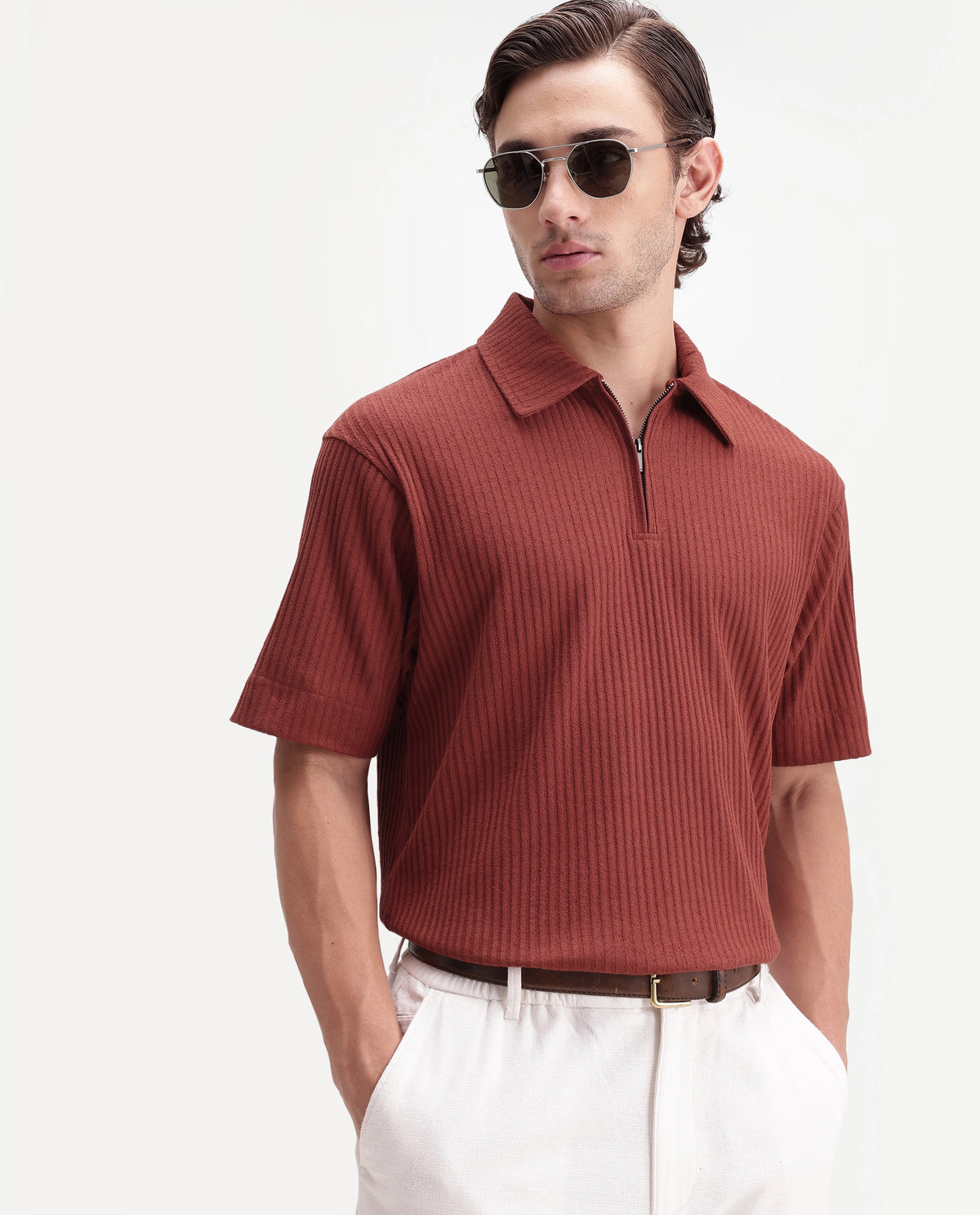 Rare Rabbit Men's Hexx-2 Rust Cotton Blend Spread Collar Zipper Regular Textured Polo