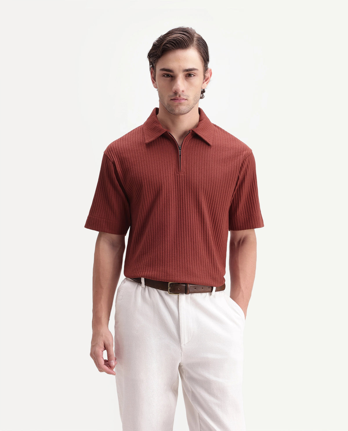 Rare Rabbit Men's Hexx-2 Rust Cotton Blend Spread Collar Zipper Regular Textured Polo