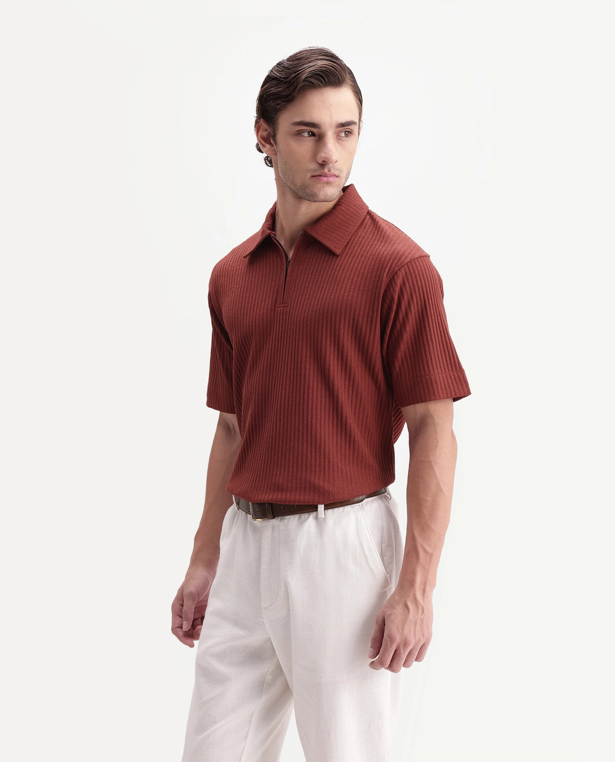 Rare Rabbit Men's Hexx-2 Rust Cotton Blend Spread Collar Zipper Regular Textured Polo