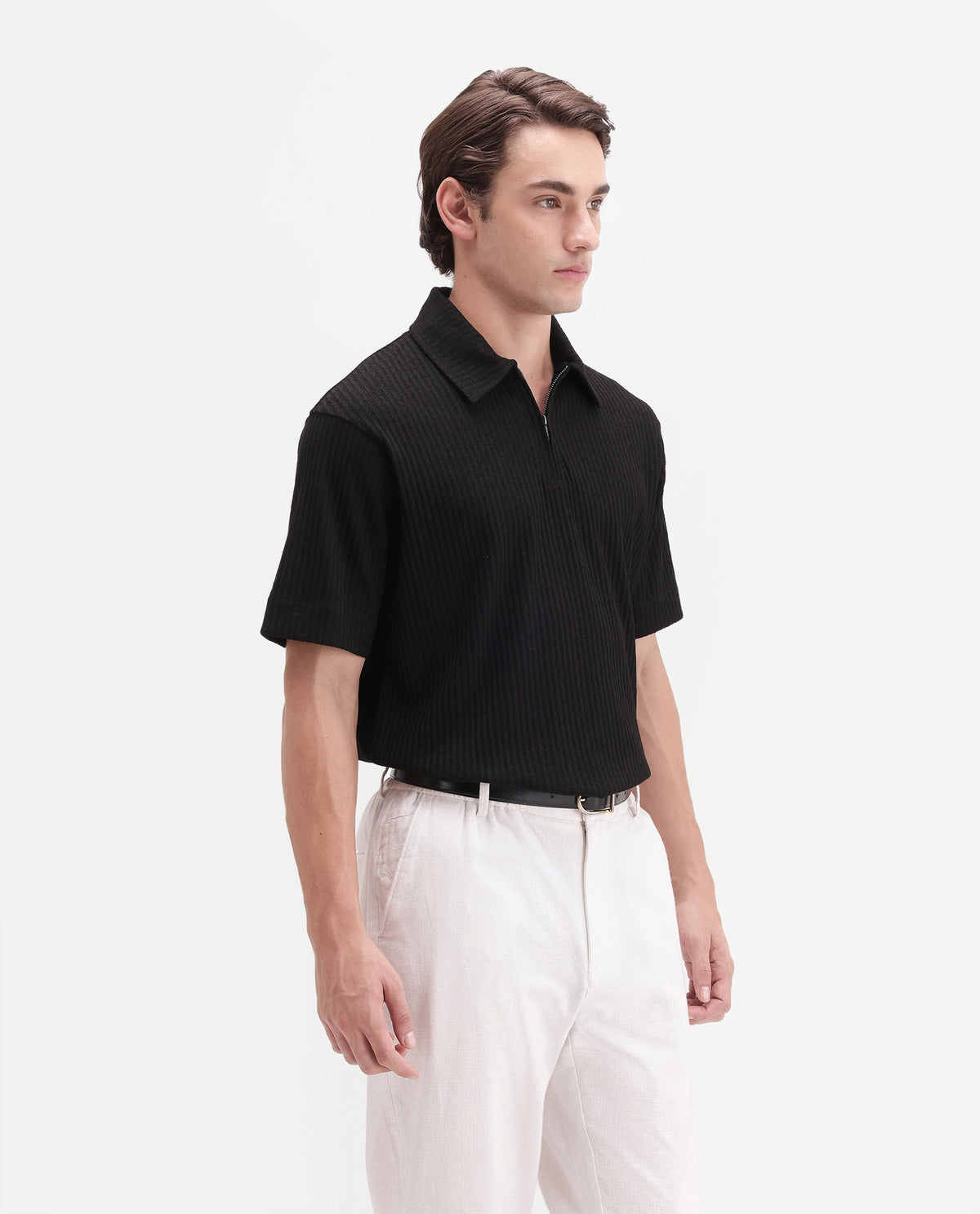 Rare Rabbit Men's Hexx-2 Black Cotton Blend Spread Collar Zipper Regular Textured Polo