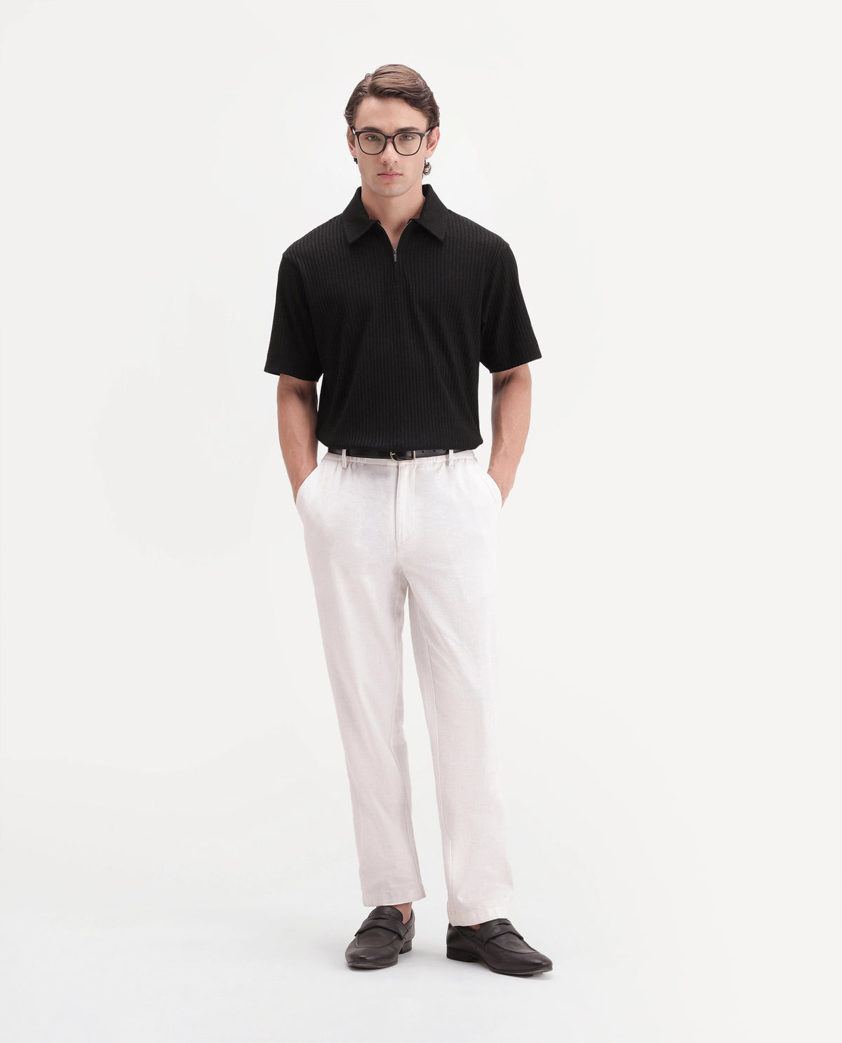 Rare Rabbit Men's Hexx-2 Black Cotton Blend Spread Collar Zipper Regular Textured Polo