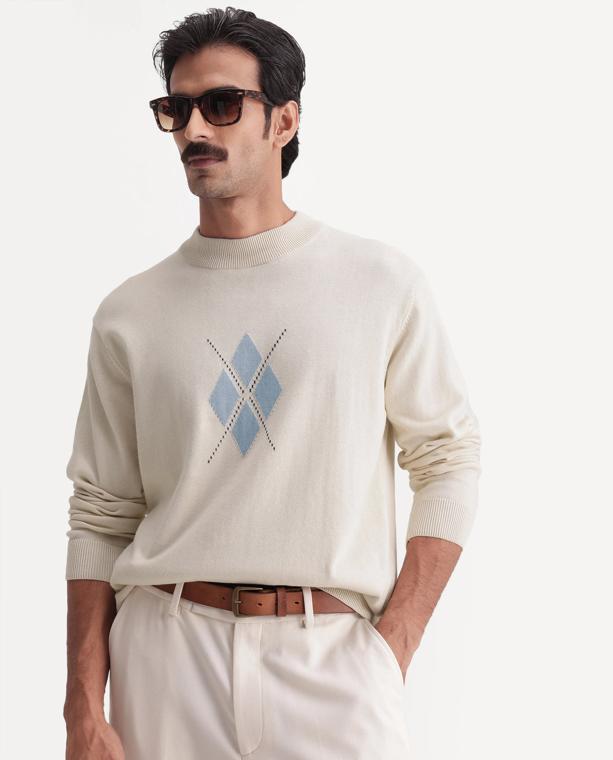 Rare Rabbit Men's Banr Off White Cotton Crew Neck Regular Fit Argyle Print Sweater - image 1
