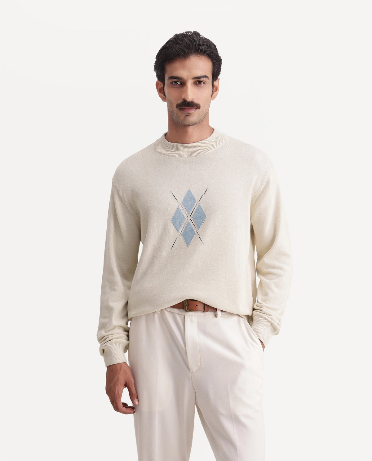 Rare Rabbit Men's Banr Off White Cotton Crew Neck Regular Fit Argyle Print Sweater - image 3