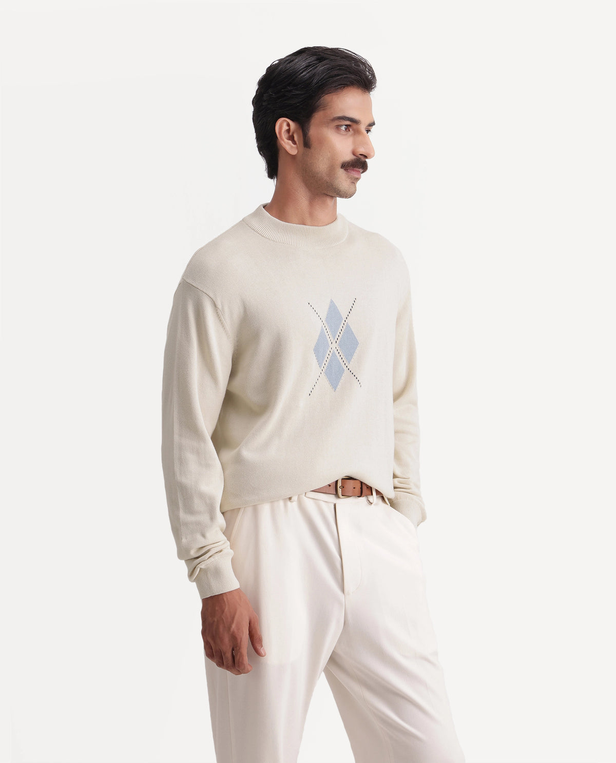 Rare Rabbit Men's Banr Off White Cotton Crew Neck Regular Fit Argyle Print Sweater - image 6