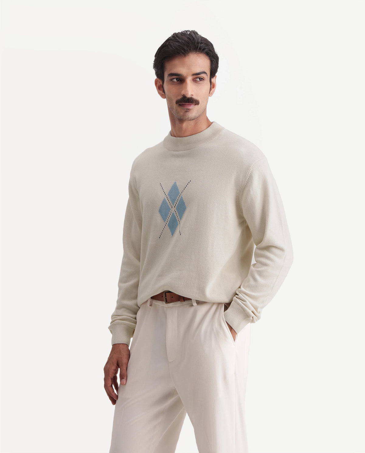 Rare Rabbit Men's Banr Off White Cotton Crew Neck Regular Fit Argyle Print Sweater - image 4