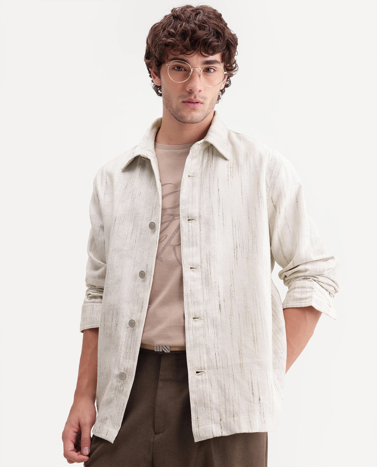 Rare Rabbit Men's Metor Off White Polyester Blend Spread Collar Button Regular Textured Shacket