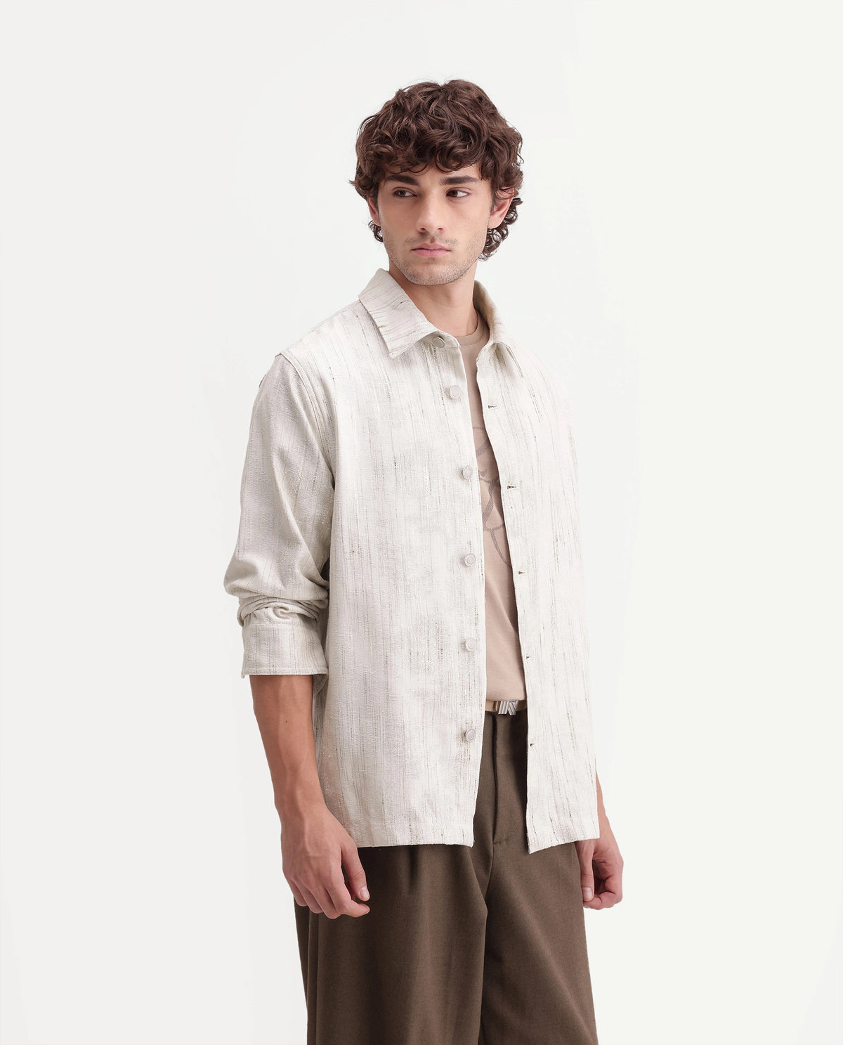 Rare Rabbit Men's Metor Off White Polyester Blend Spread Collar Button Regular Textured Shacket