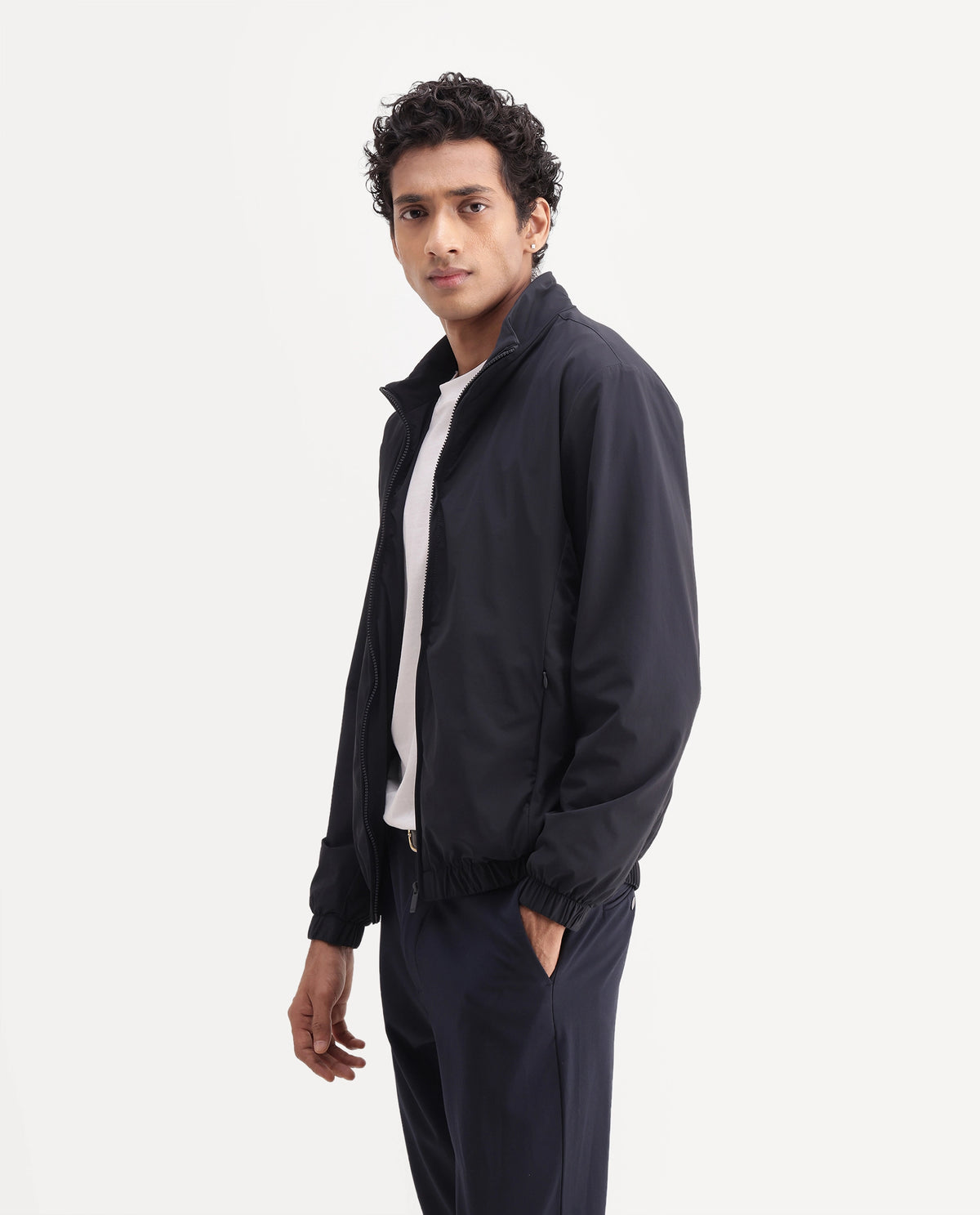 Rare Rabbit Men's Tian Navy Nylon Blend High Neck Zipper Regular Plain Jacket