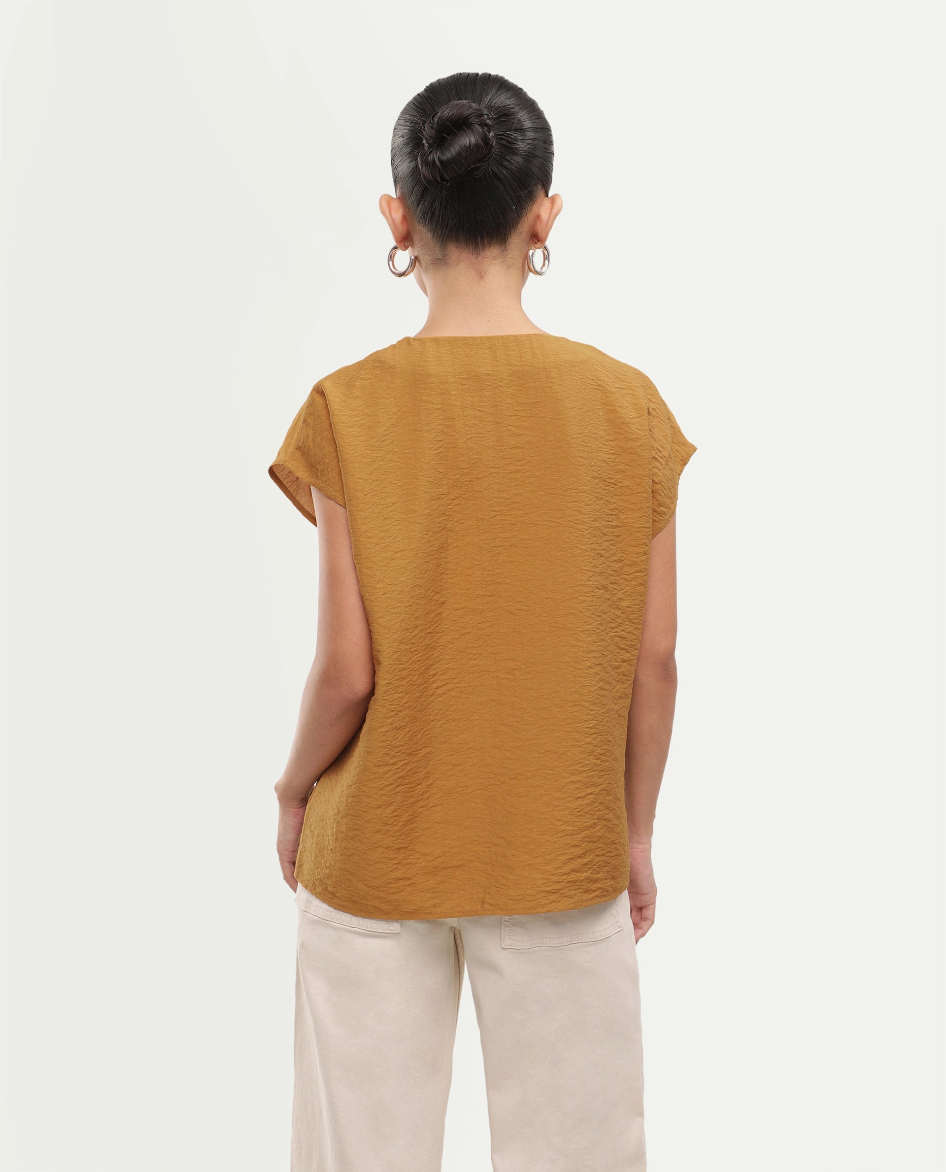 Rareism Women's Siba Mustard Viscose Blend Tie-Up Tie-Up Relaxed Plain Top