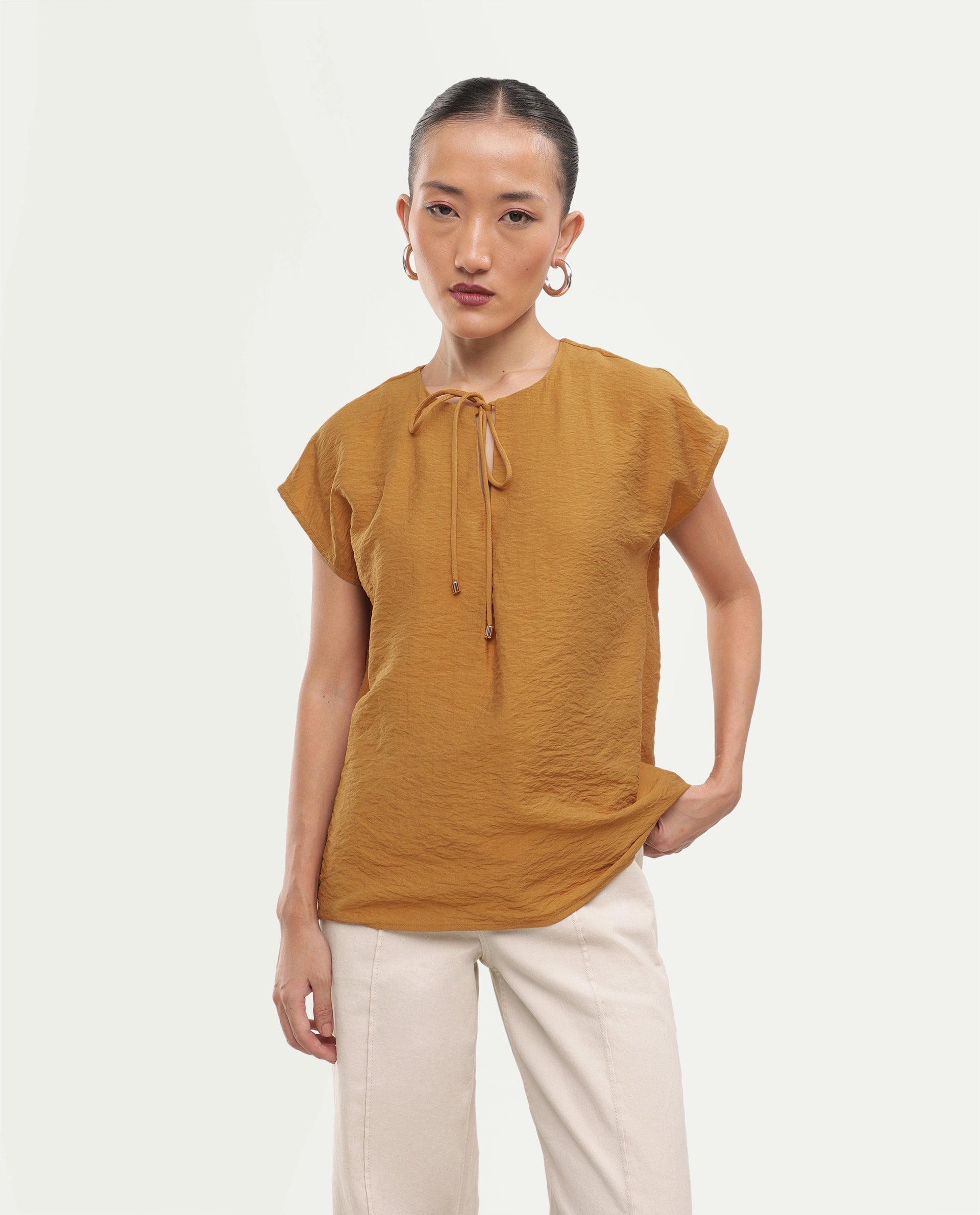 Rareism Women's Siba Mustard Viscose Blend Tie-Up Tie-Up Relaxed Plain Top