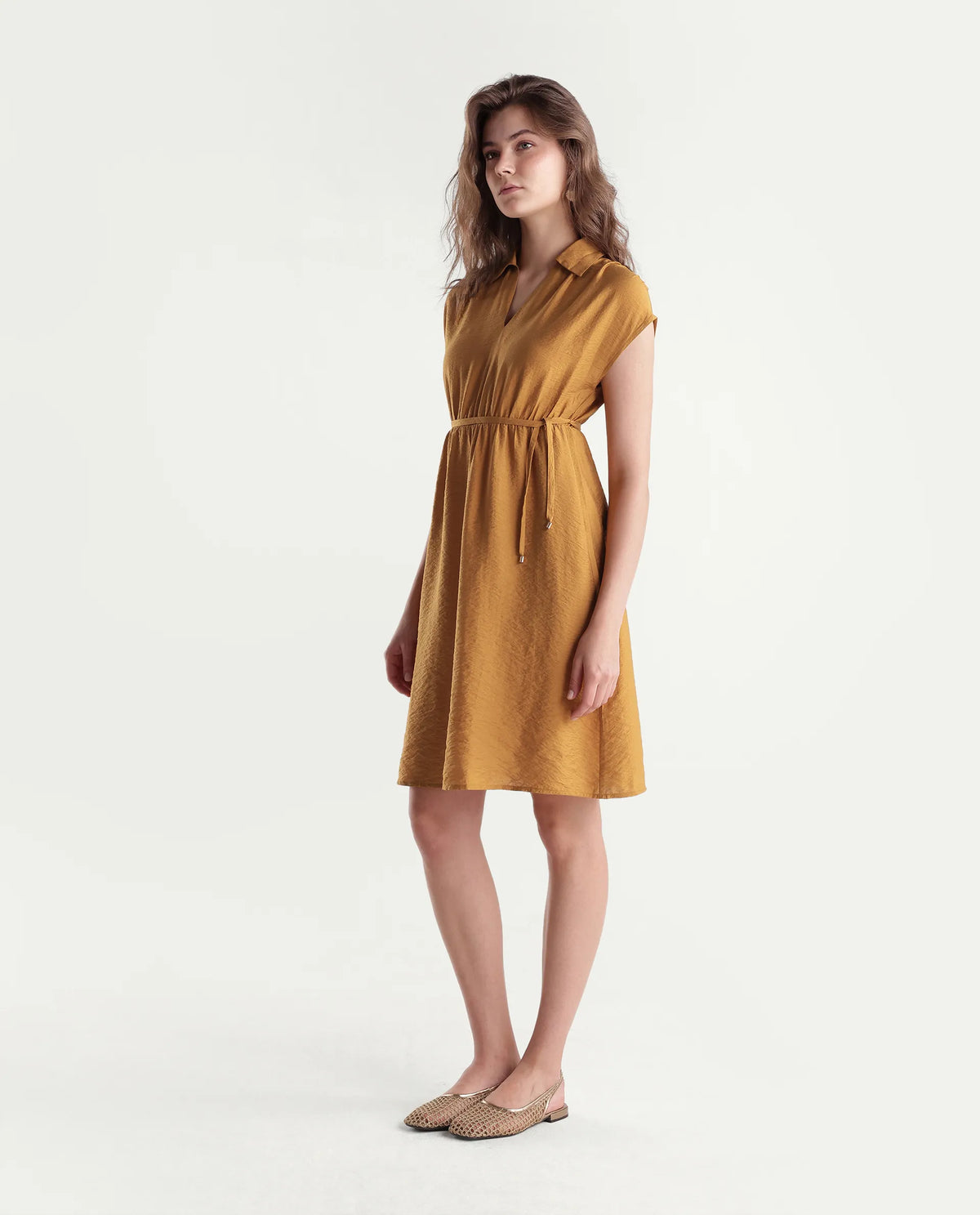 Rareism Women's Sibat Mustard Viscose Blend Johnny Collar Pull-On A-Line Plain Dress