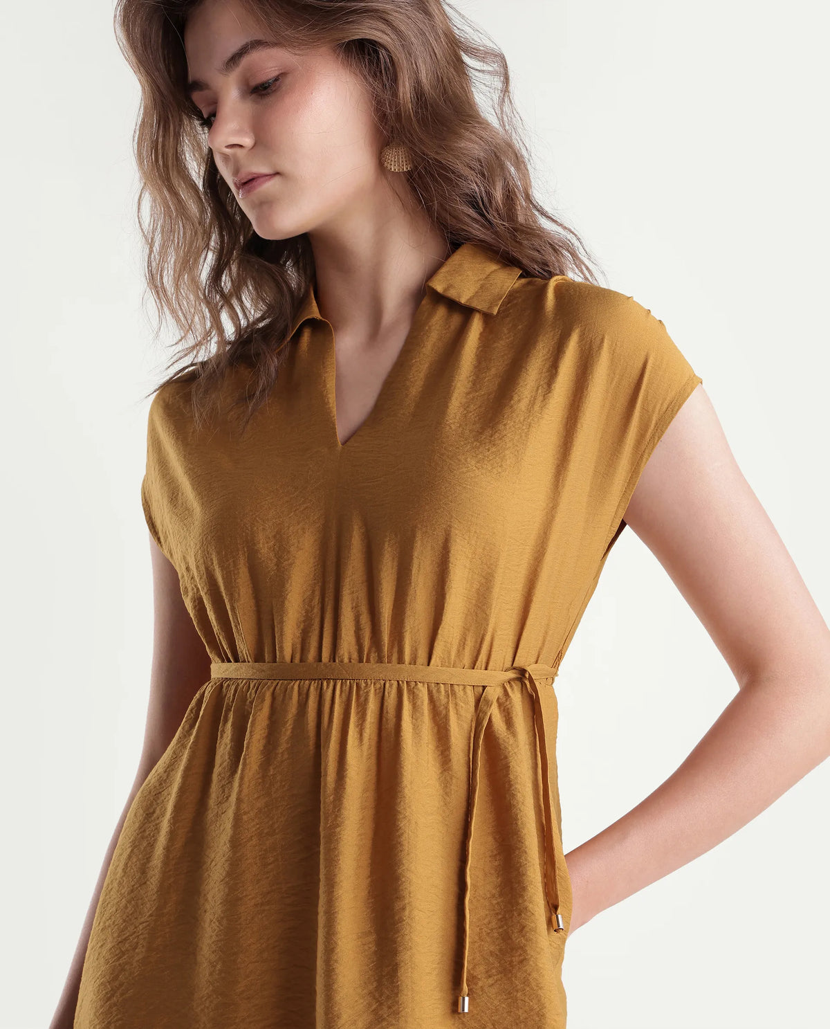 Rareism Women's Sibat Mustard Viscose Blend Johnny Collar Pull-On A-Line Plain Dress