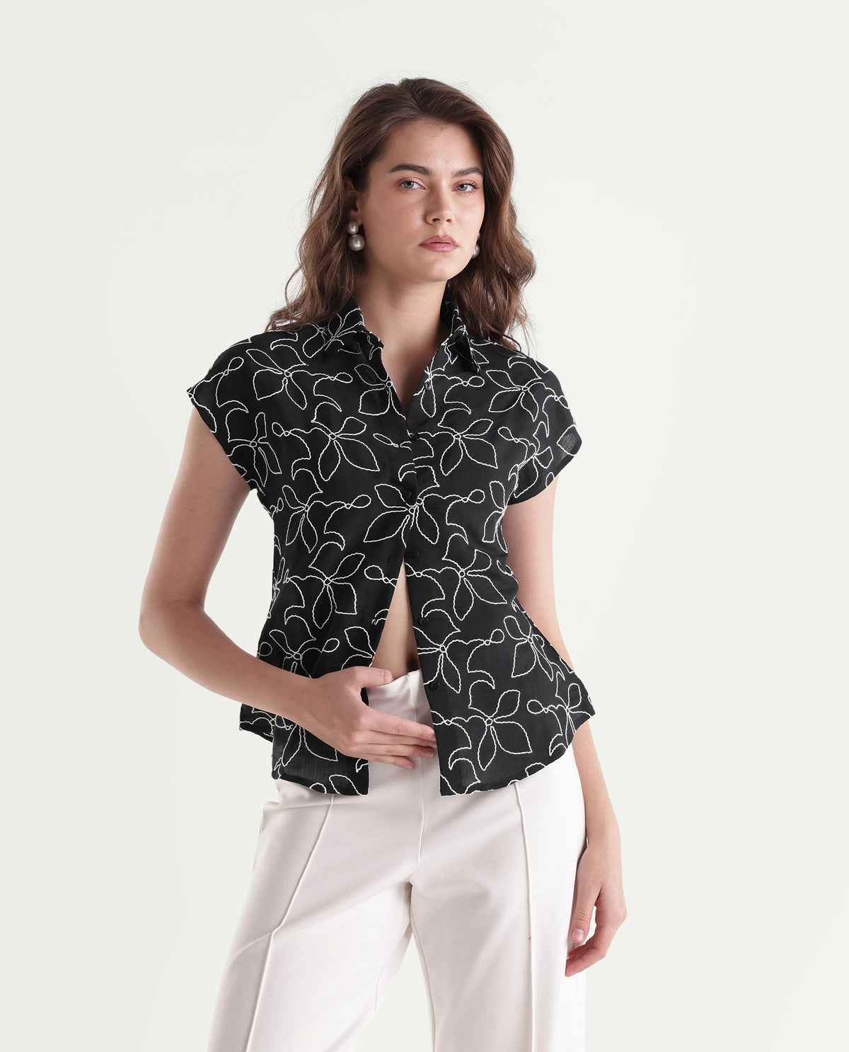 Rareism Women's Selsh Black Viscose Blend Spread Collar Button Regular Embroidered Shirt