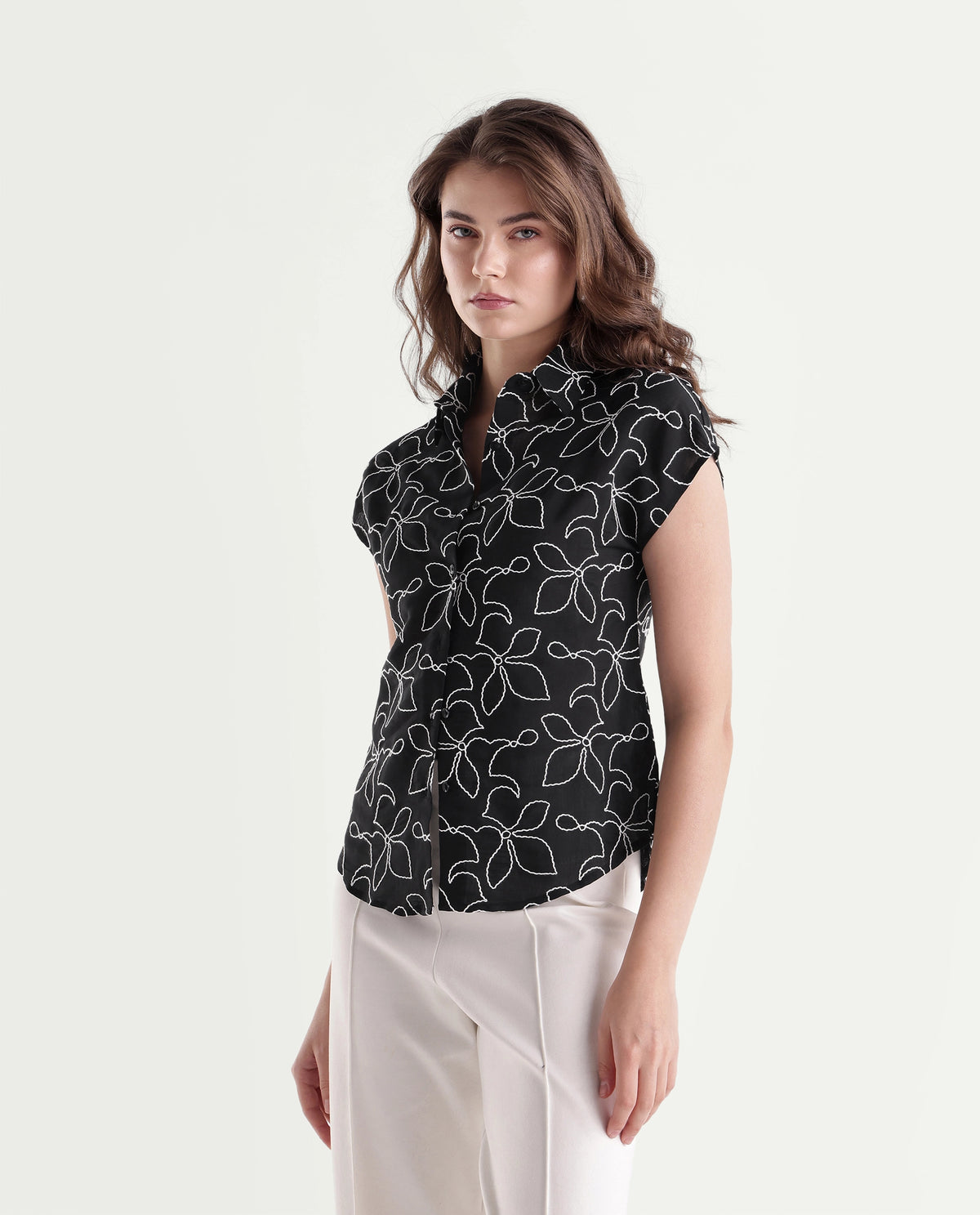 Rareism Women's Selsh Black Viscose Blend Spread Collar Button Regular Embroidered Shirt