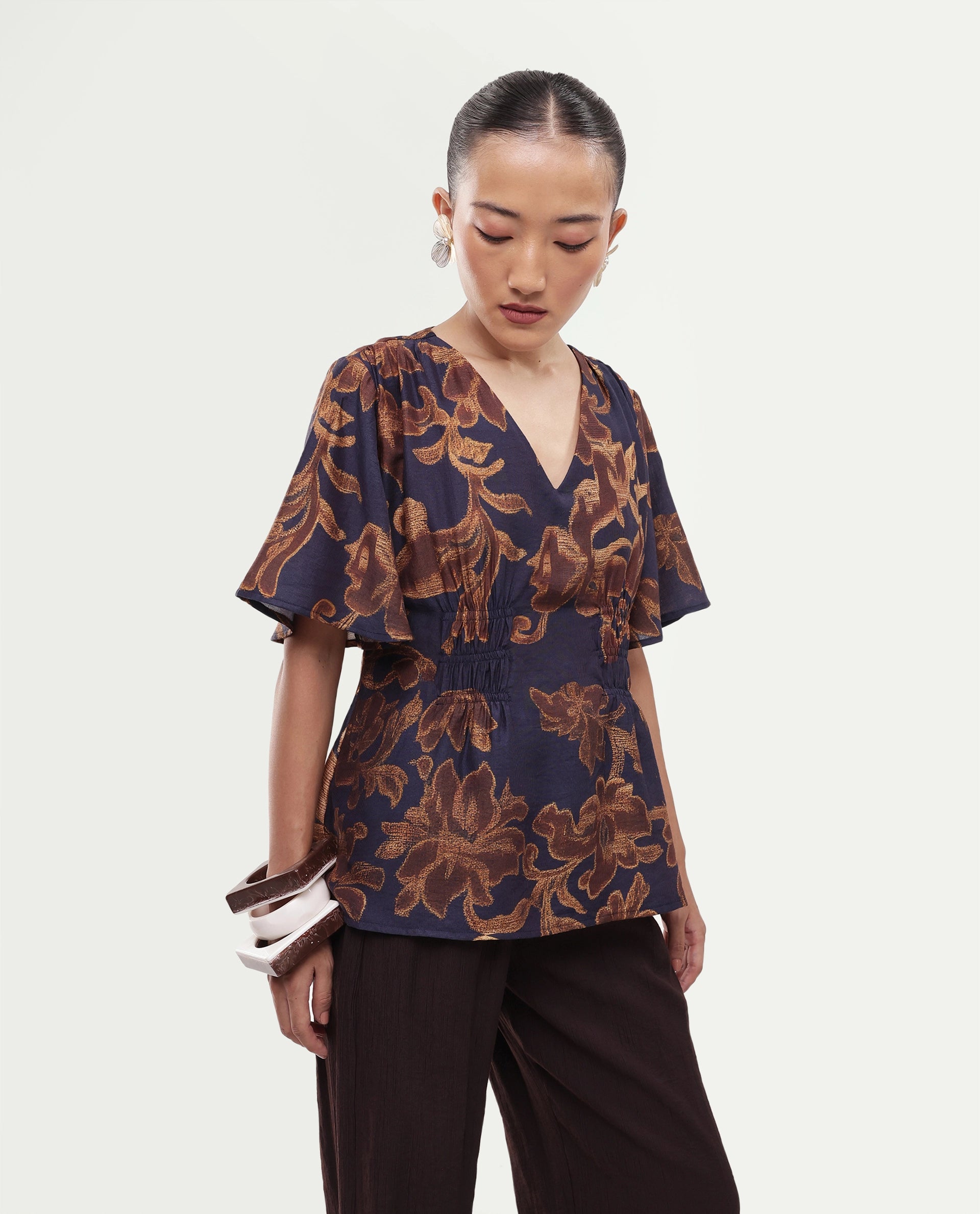 Rareism Women's Daco Brown Viscose Blend V-Neck Pull-On Regular Floral Print Top