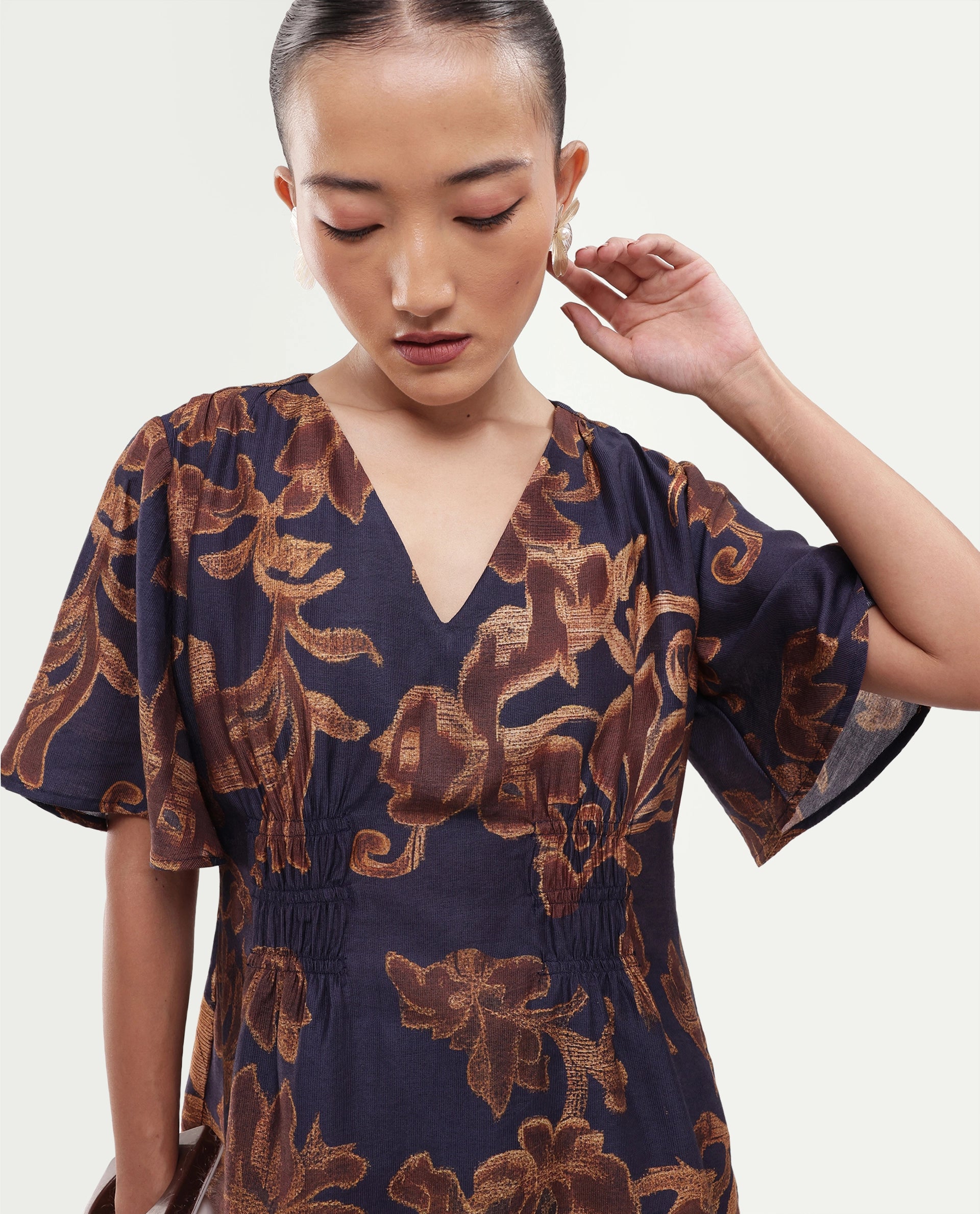 Rareism Women's Daco Brown Viscose Blend V-Neck Pull-On Regular Floral Print Top
