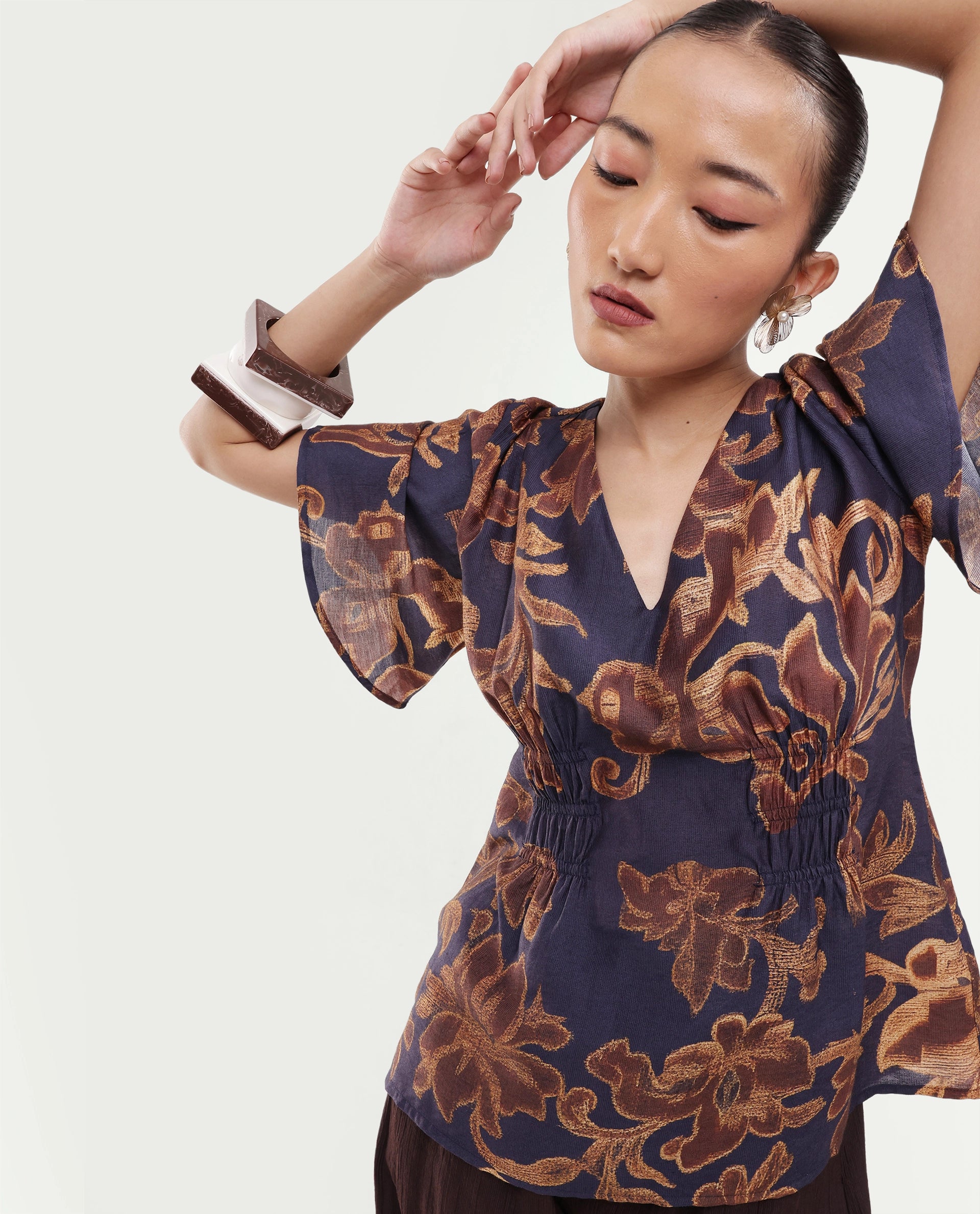 Rareism Women's Daco Brown Viscose Blend V-Neck Pull-On Regular Floral Print Top