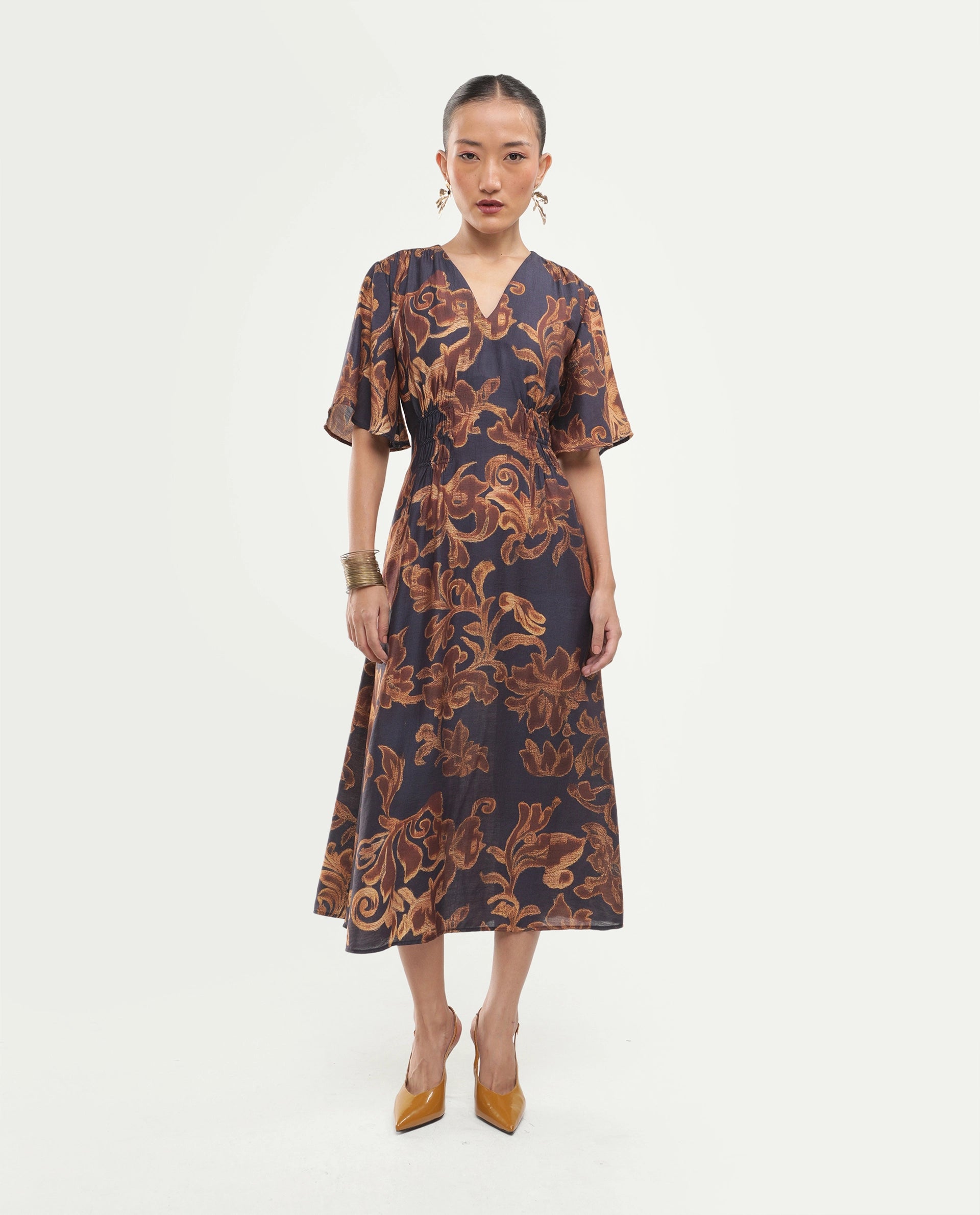 Rareism Women's Dacro Brown Viscose Blend V-Neck Pull-On Fit And Flare Floral Print Dress