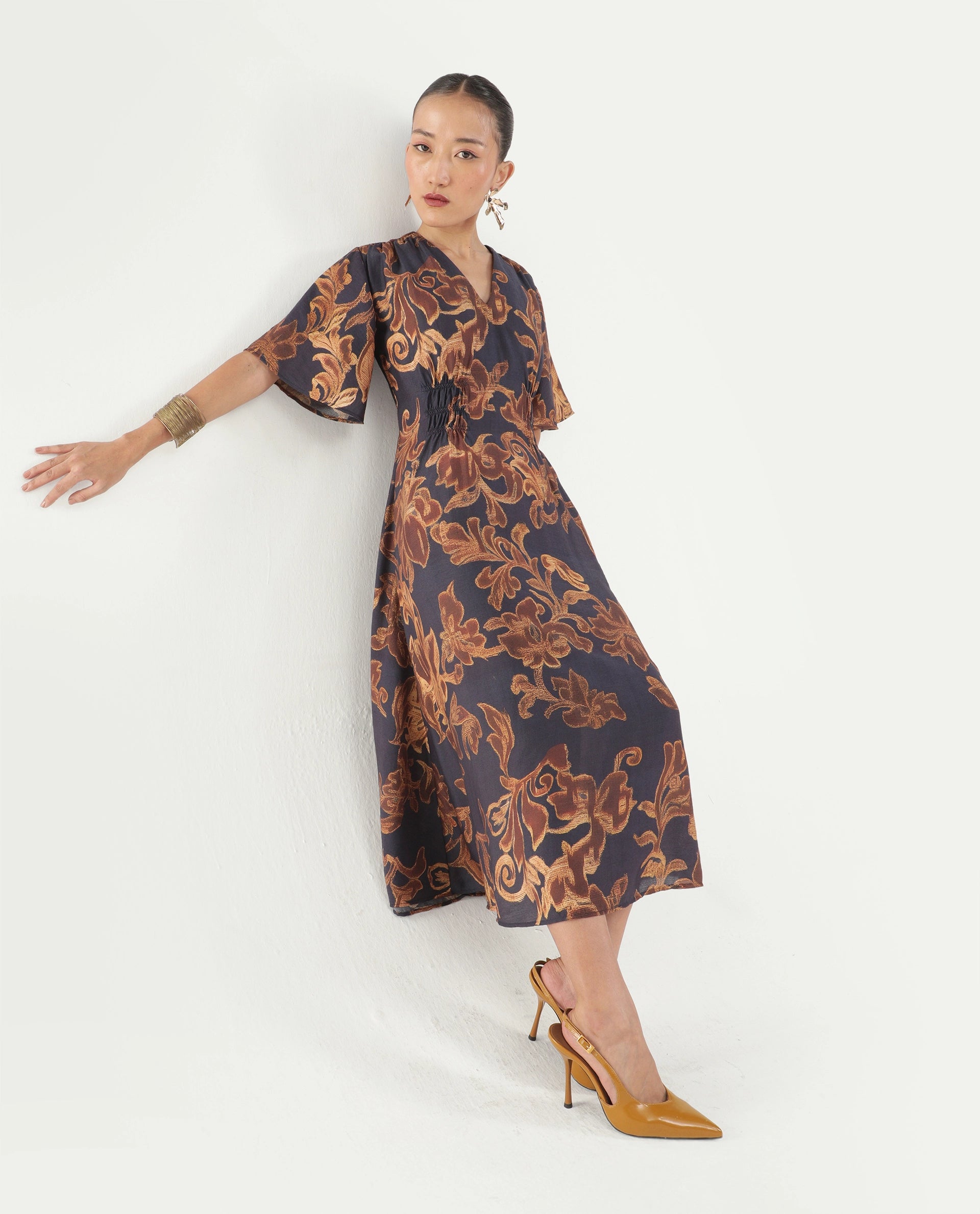 Rareism Women's Dacro Brown Viscose Blend V-Neck Pull-On Fit And Flare Floral Print Dress