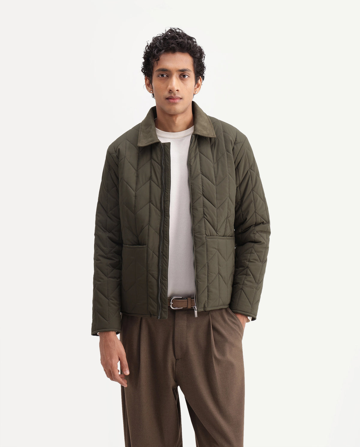Rare Rabbit Men's Kevin Olive Polyester Spread Collar Regular Plain Jacket