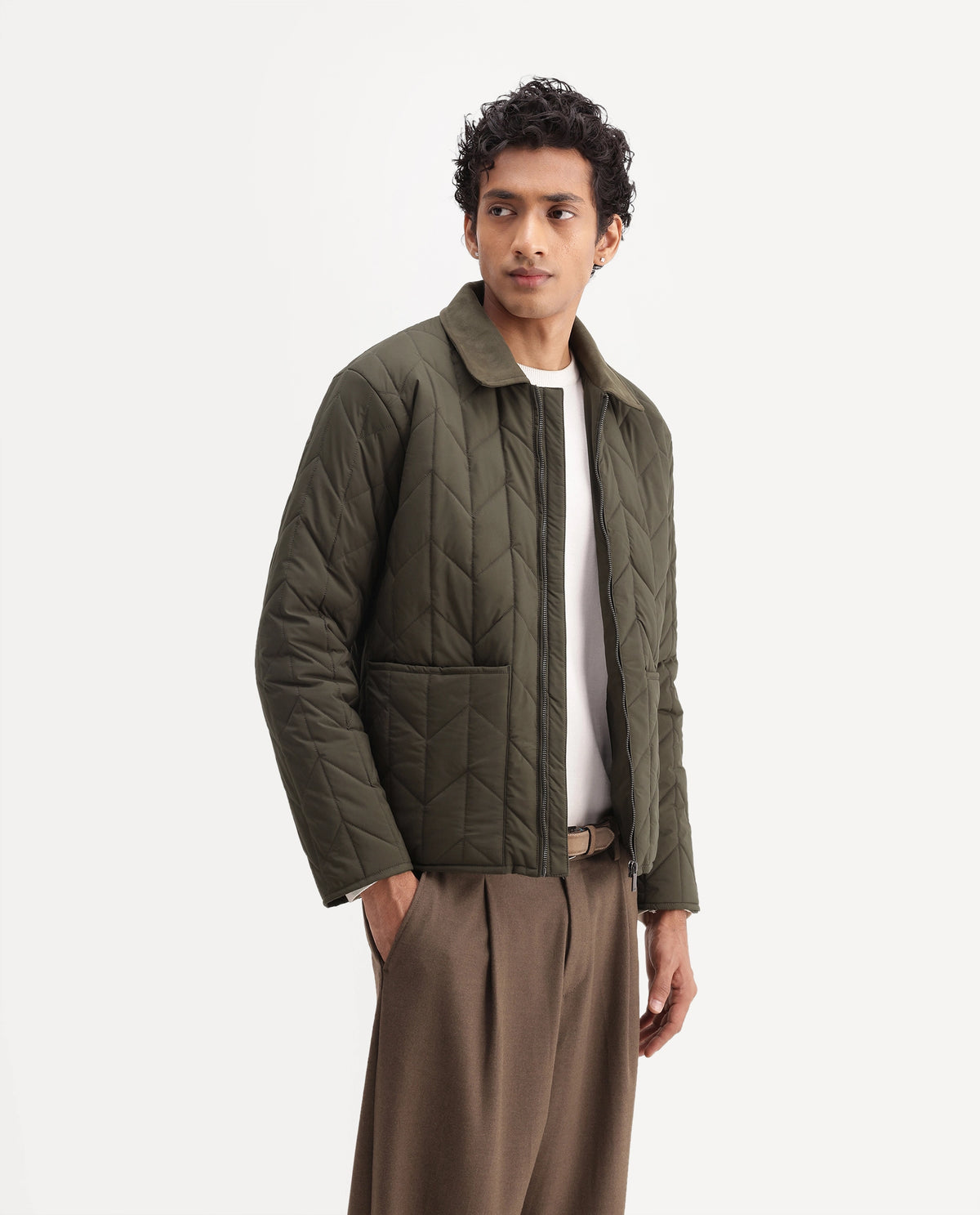 Rare Rabbit Men's Kevin Olive Polyester Spread Collar Regular Plain Jacket