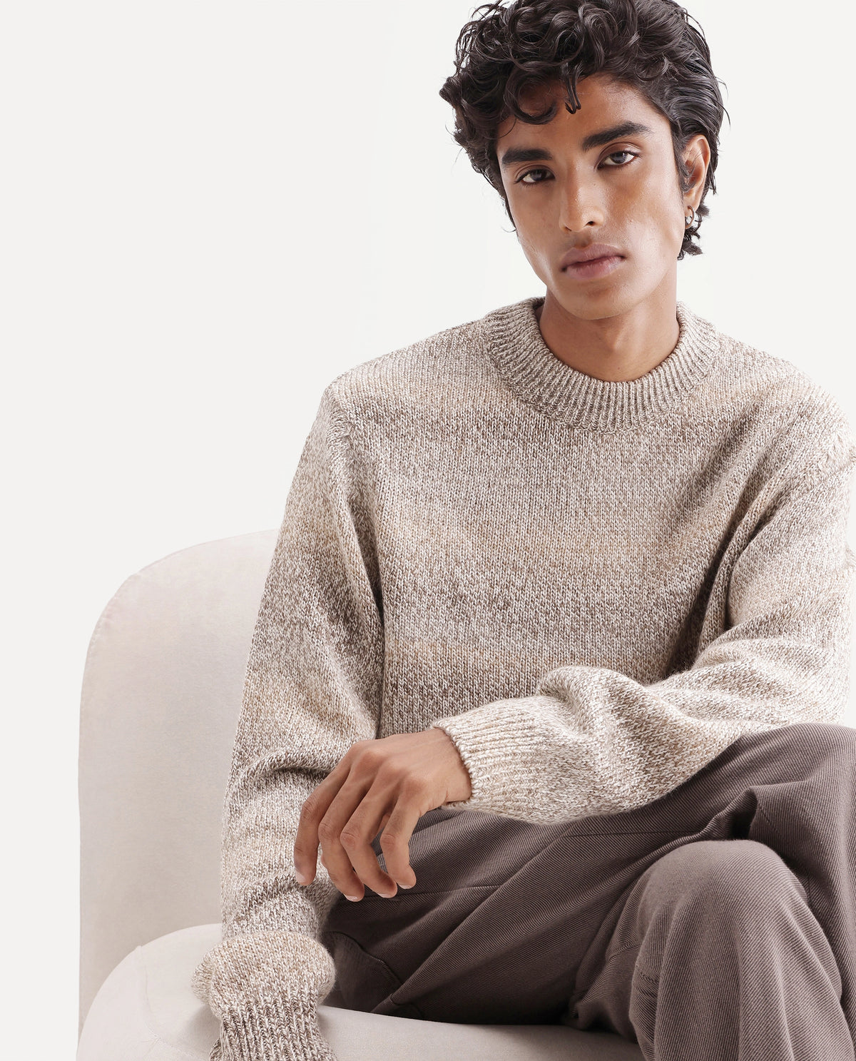 Rare Rabbit Men's Brad Light Brown Nylon Blend Crew Neck Regular Striped Sweater