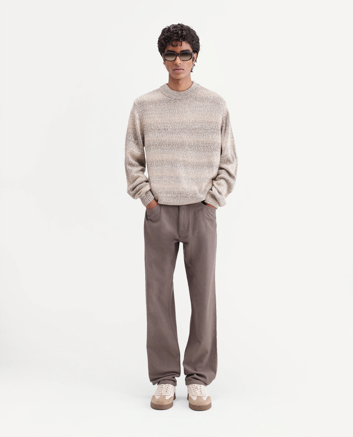 Rare Rabbit Men's Brad Light Brown Nylon Blend Crew Neck Regular Striped Sweater