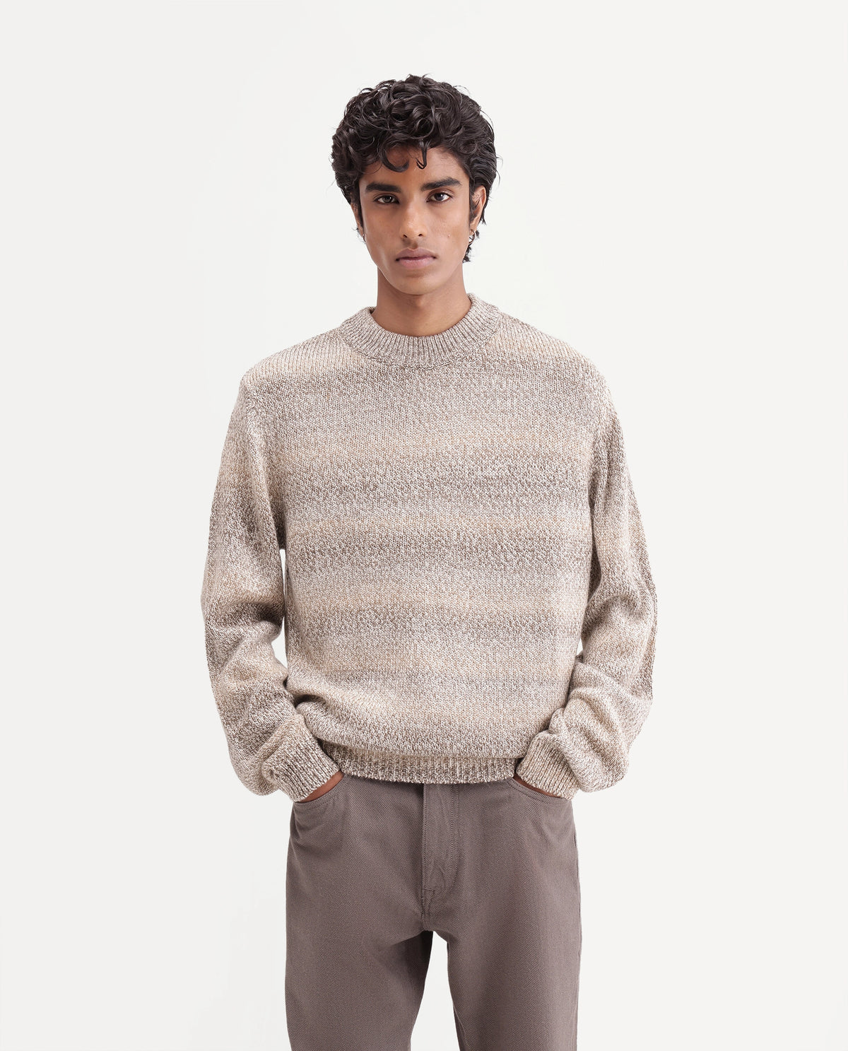 Rare Rabbit Men's Brad Light Brown Nylon Blend Crew Neck Regular Striped Sweater