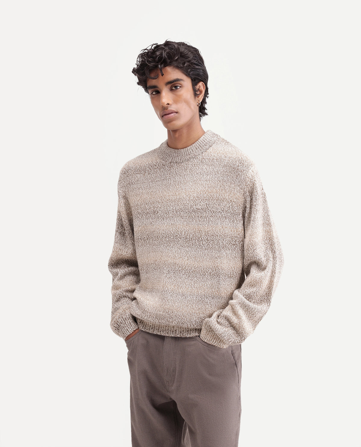Rare Rabbit Men's Brad Light Brown Nylon Blend Crew Neck Regular Striped Sweater