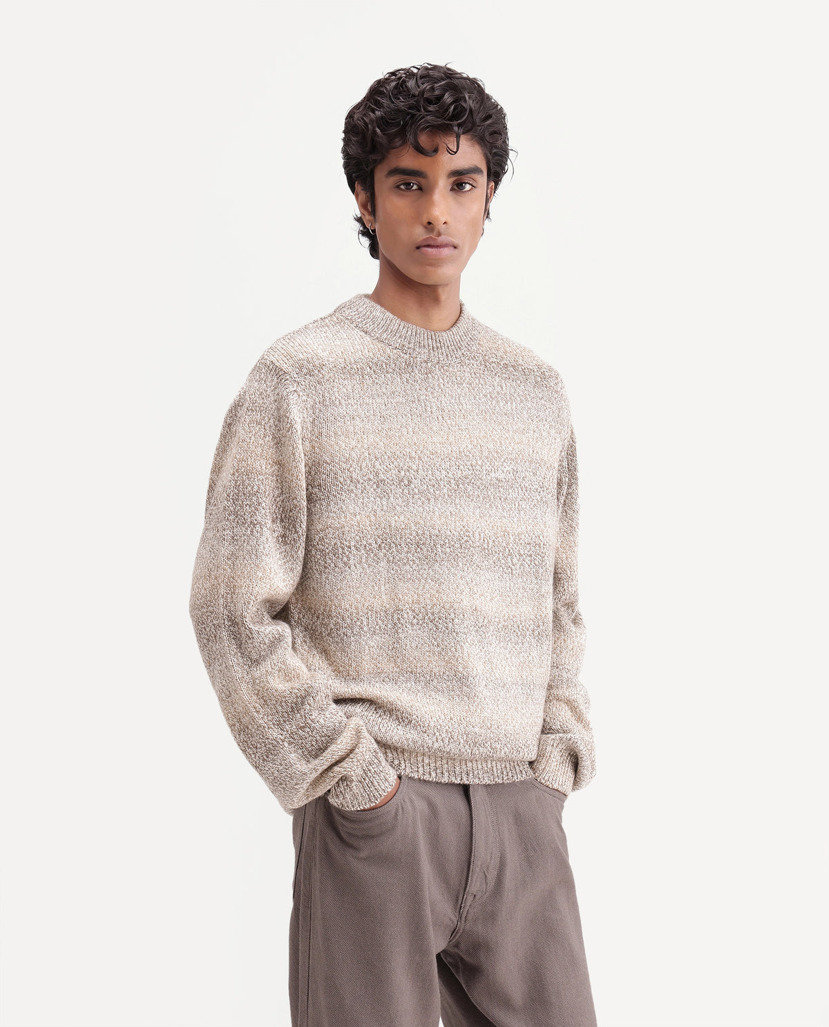Rare Rabbit Men's Brad Light Brown Nylon Blend Crew Neck Regular Striped Sweater