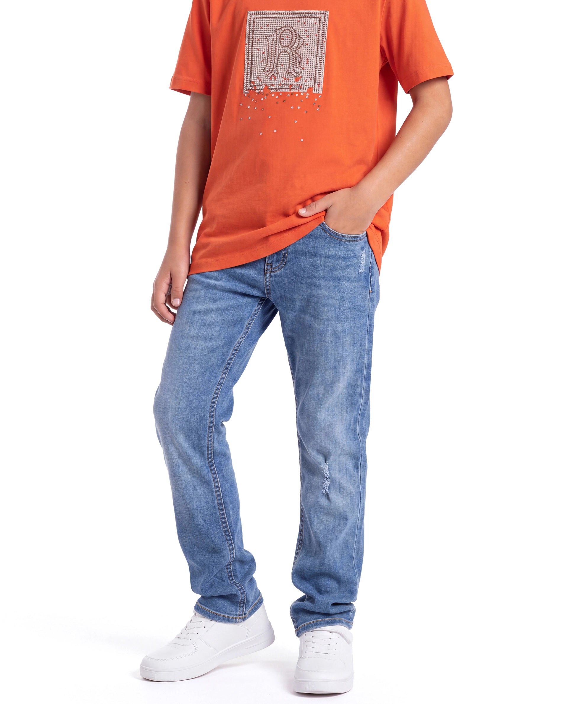 Rare Ones Kids Isac Light Blue Cotton Blend Fabric Button And Zip Closure Regular Fit Plain Jeans