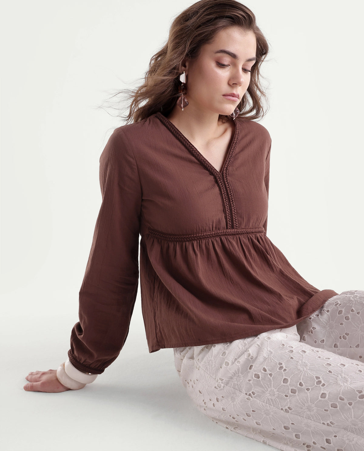 Rareism Women's Winth Brown Cotton V-Neck Regular Plain Top