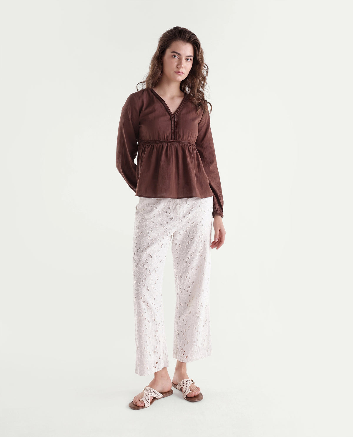 Rareism Women's Winth Brown Cotton V-Neck Regular Plain Top