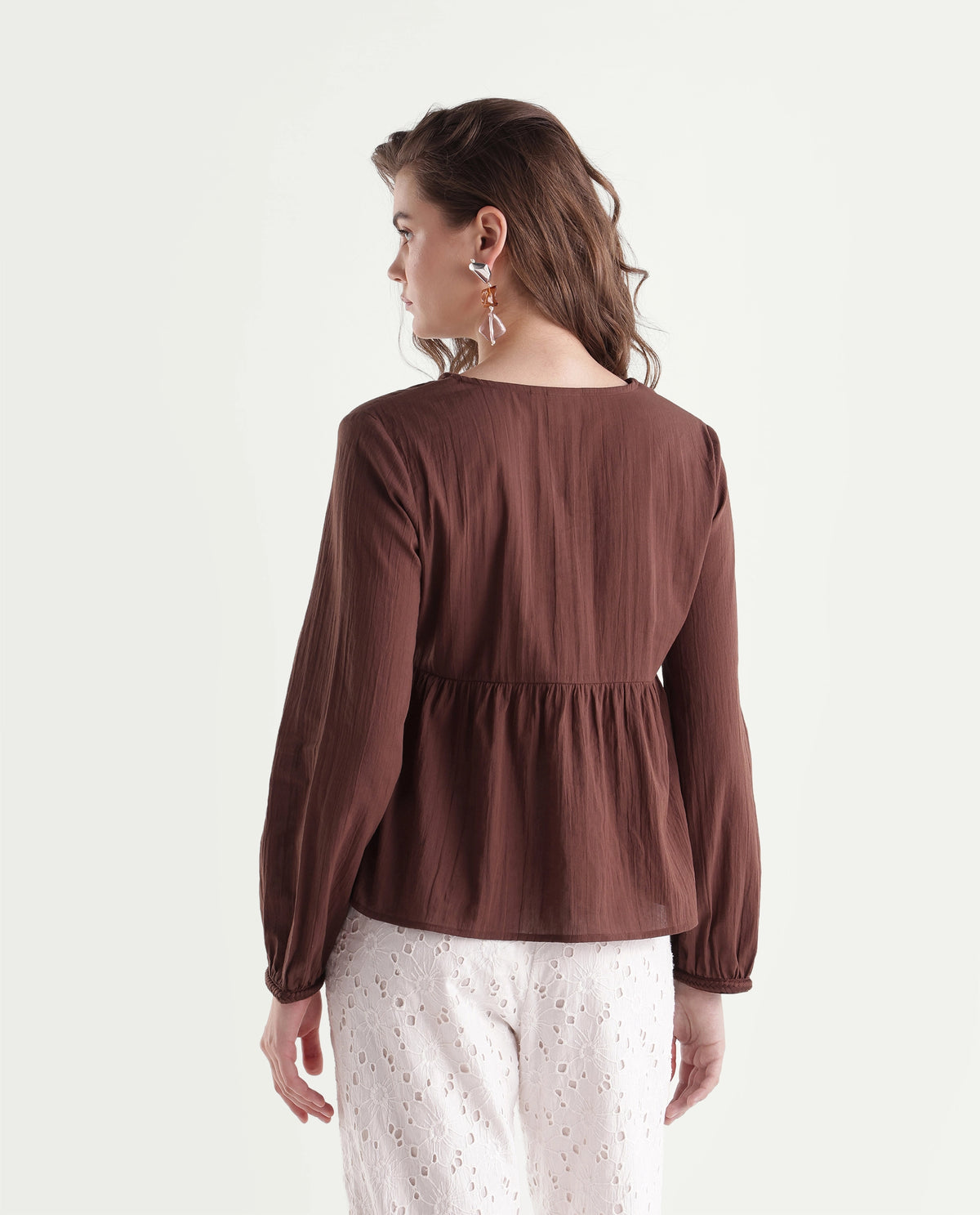 Rareism Women's Winth Brown Cotton V-Neck Regular Plain Top