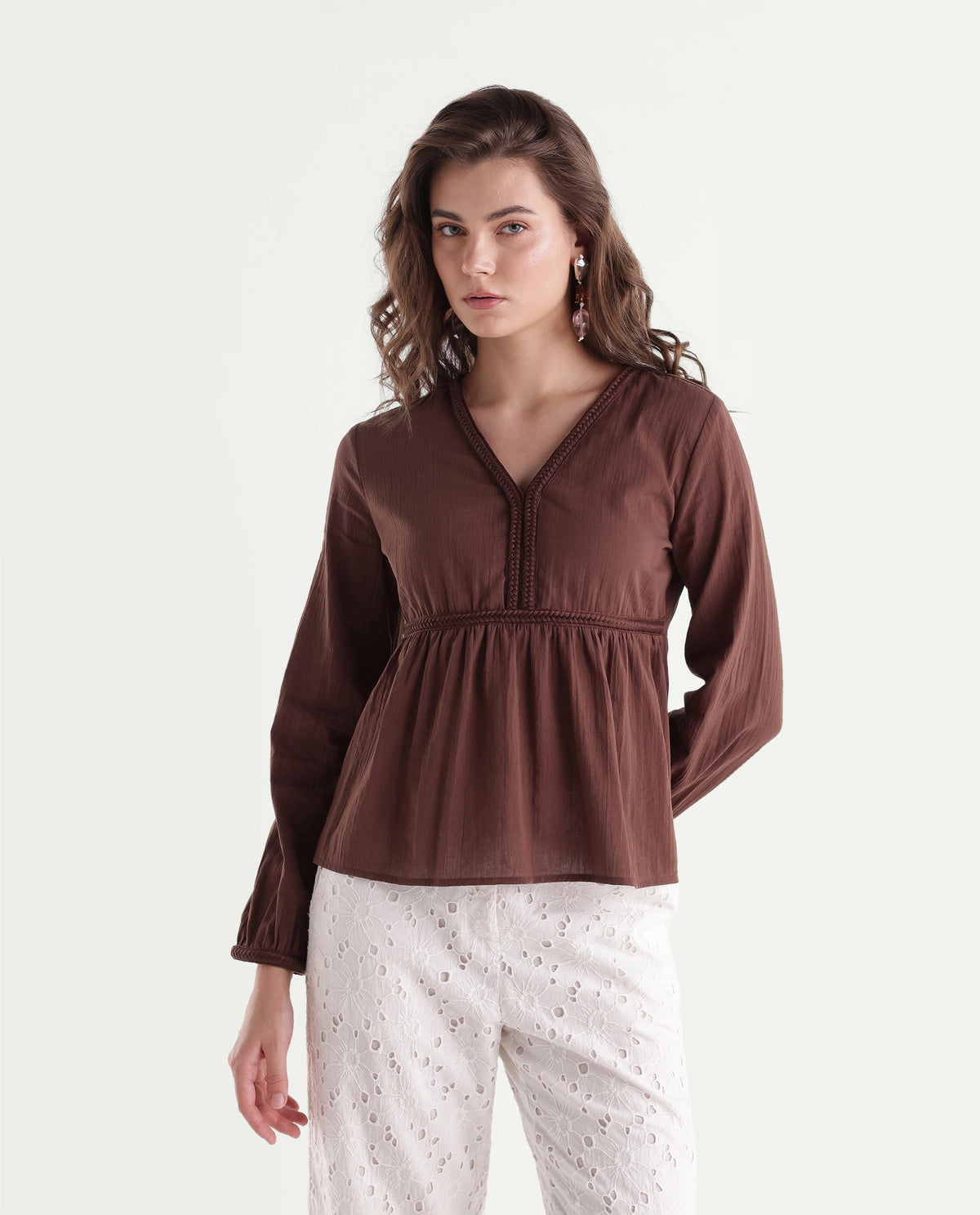 Rareism Women's Winth Brown Cotton V-Neck Regular Plain Top