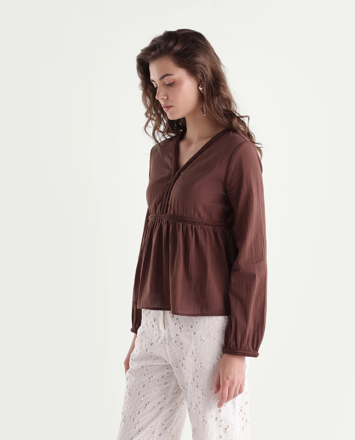 Rareism Women's Winth Brown Cotton V-Neck Regular Plain Top