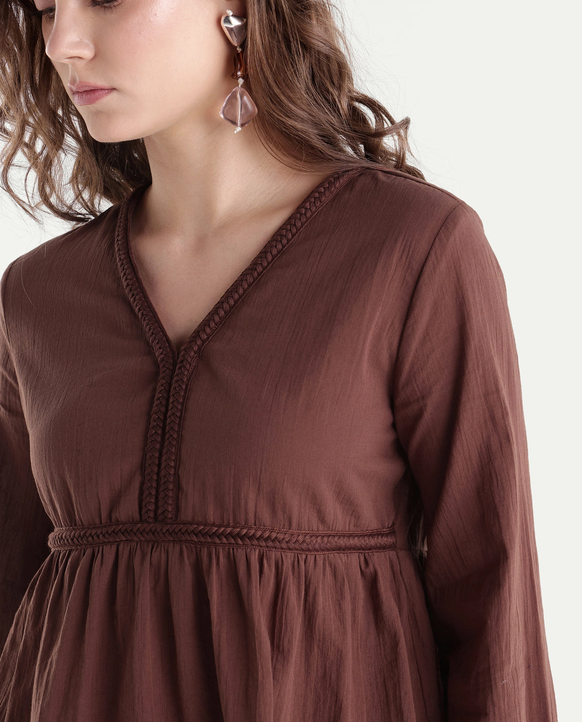 Rareism Women's Winth Brown Cotton V-Neck Regular Plain Top