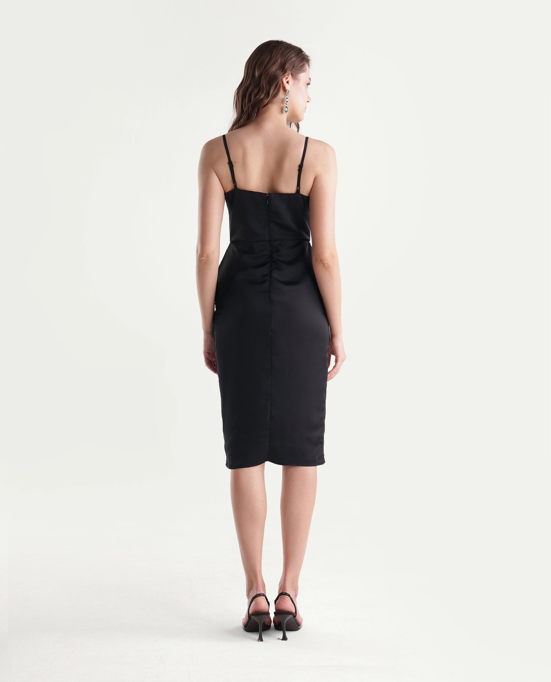 Rareism Women's Riluaw26 Black Polyester Cowl Neck Bodycon Plain Dress