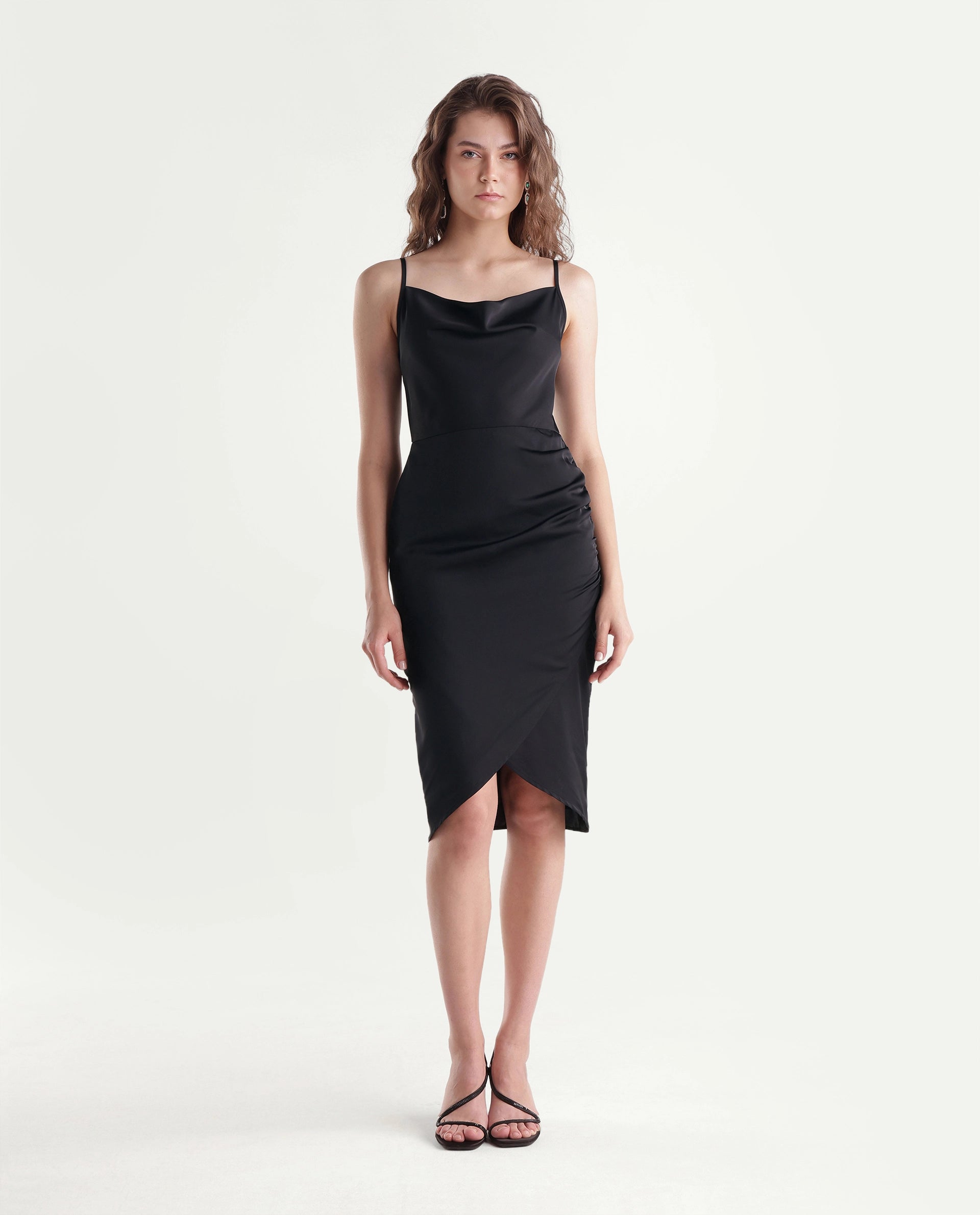 Rareism Women's Riluaw26 Black Polyester Cowl Neck Bodycon Plain Dress