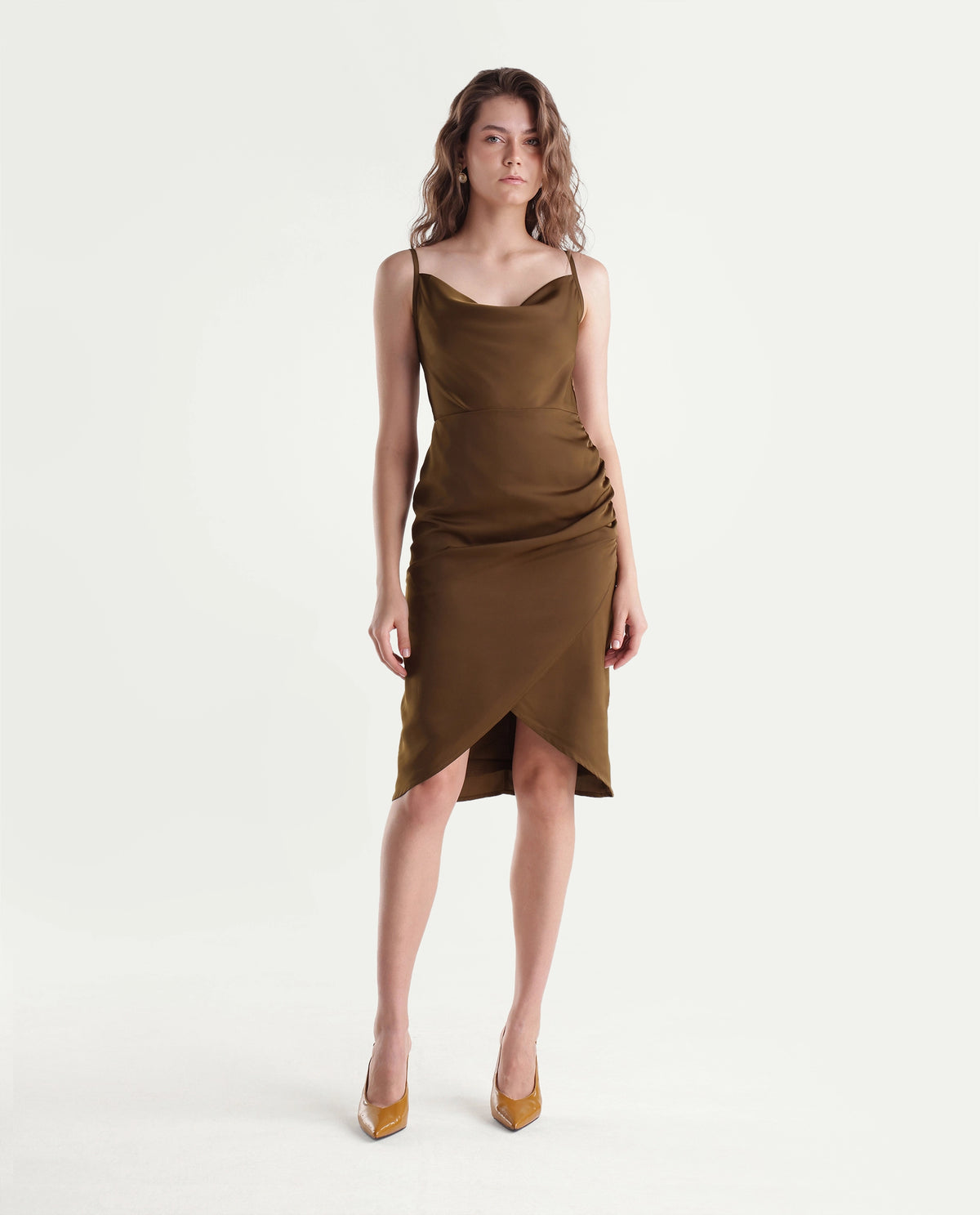 Rareism Women's Riluaw26 Gold Polyester Cowl Neck Bodycon Plain Dress