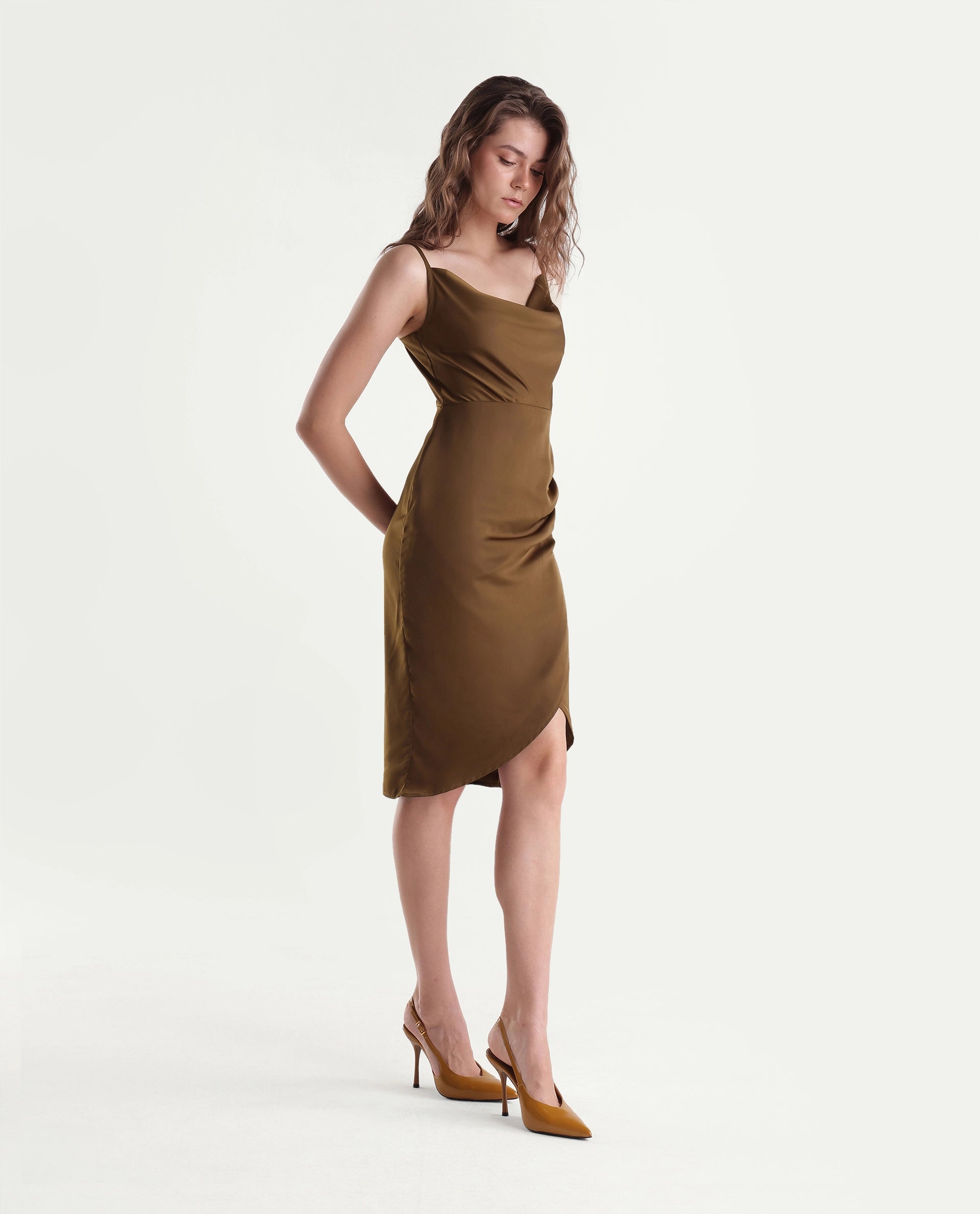 Rareism Women's Riluaw26 Gold Polyester Cowl Neck Bodycon Plain Dress