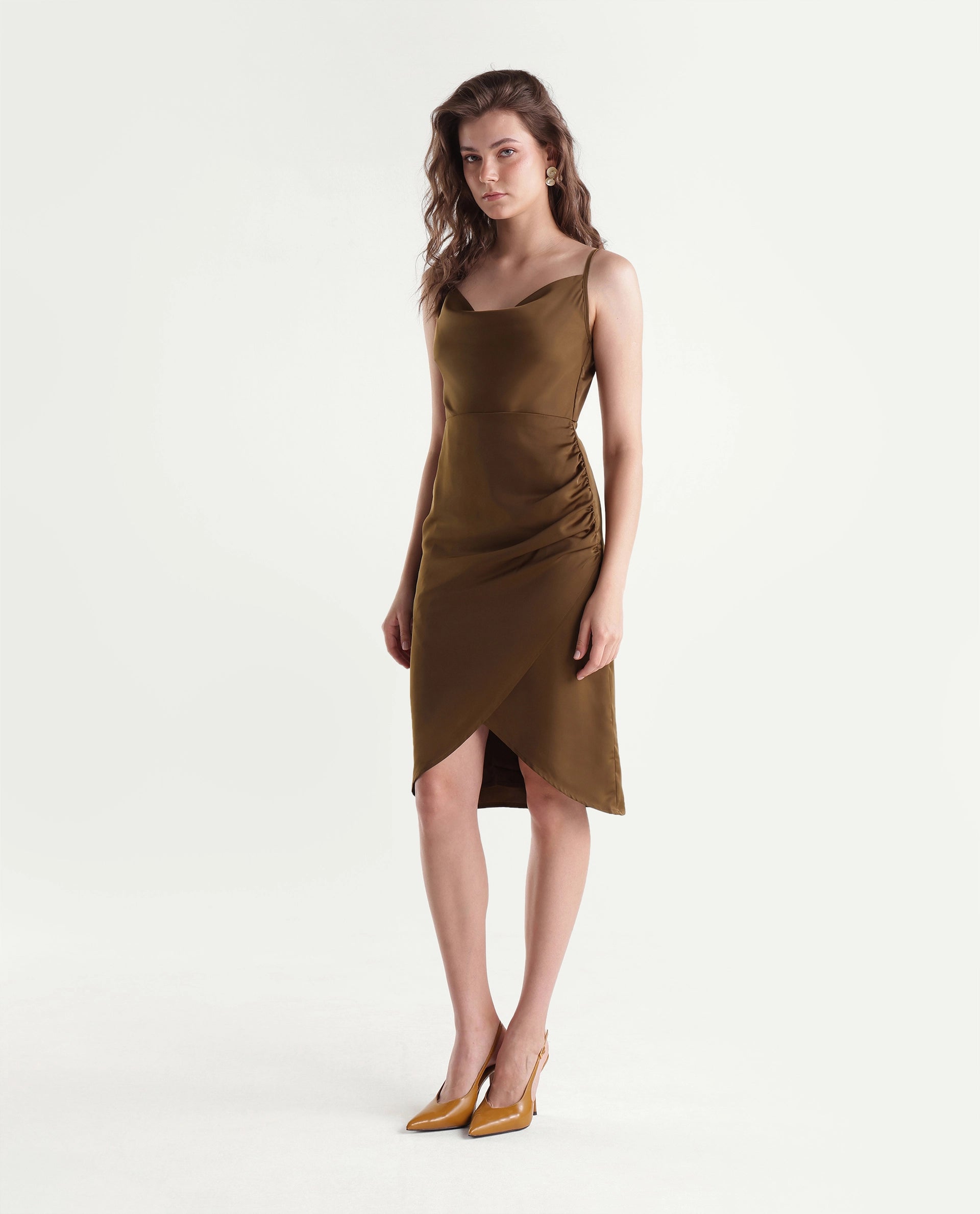 Rareism Women's Riluaw26 Gold Polyester Cowl Neck Bodycon Plain Dress