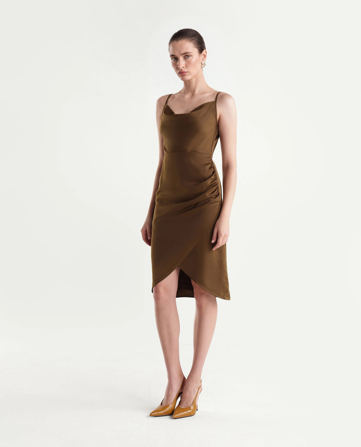 Rareism Women's Riluaw26 Gold Polyester Cowl Neck Bodycon Plain Dress