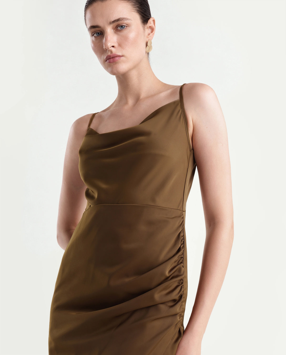 Rareism Women's Riluaw26 Gold Polyester Cowl Neck Bodycon Plain Dress