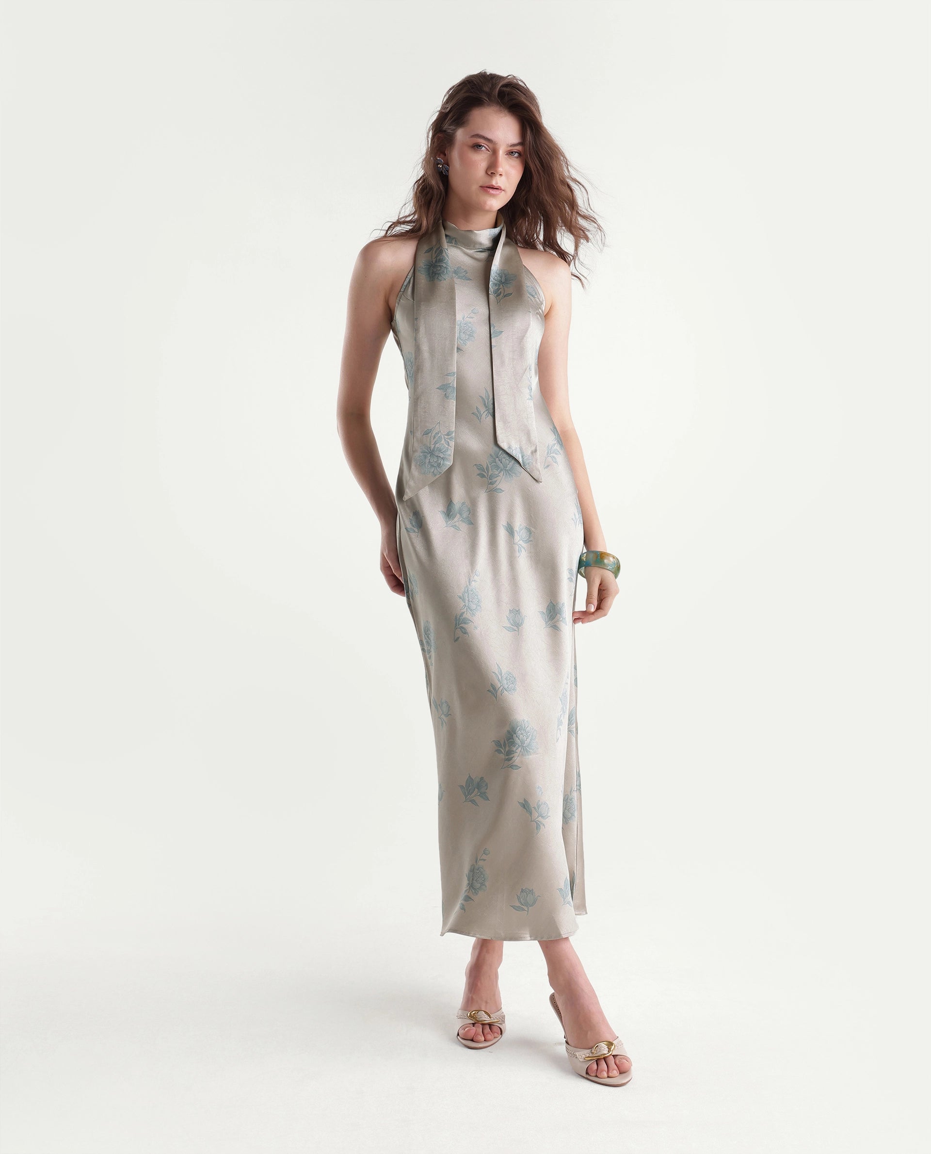 Rareism Women's Penzy Beige Polyester Halter Neck Bodycon Printed Dress
