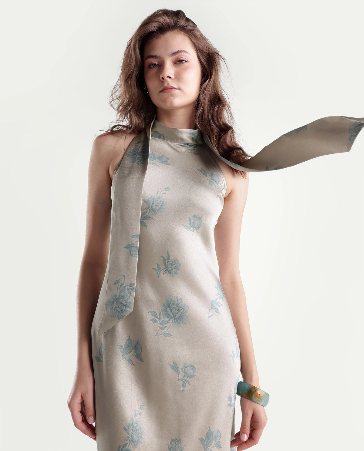 Rareism Women's Penzy Beige Polyester Halter Neck Bodycon Printed Dress