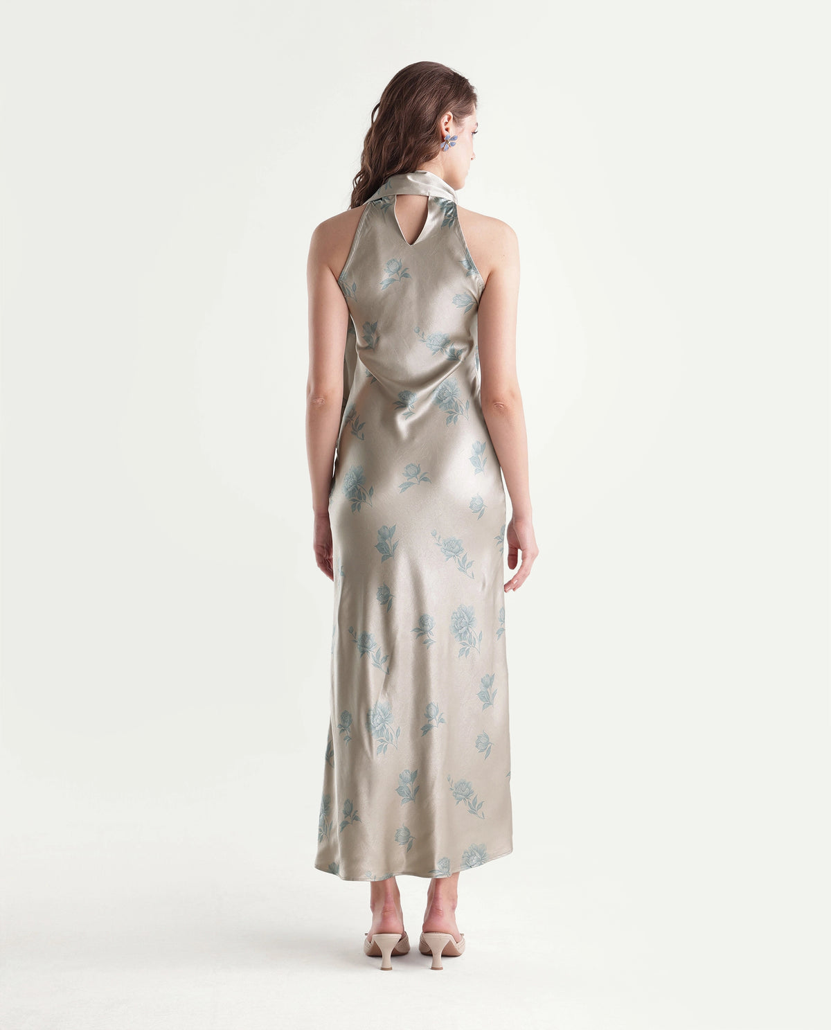 Rareism Women's Penzy Beige Polyester Halter Neck Bodycon Printed Dress