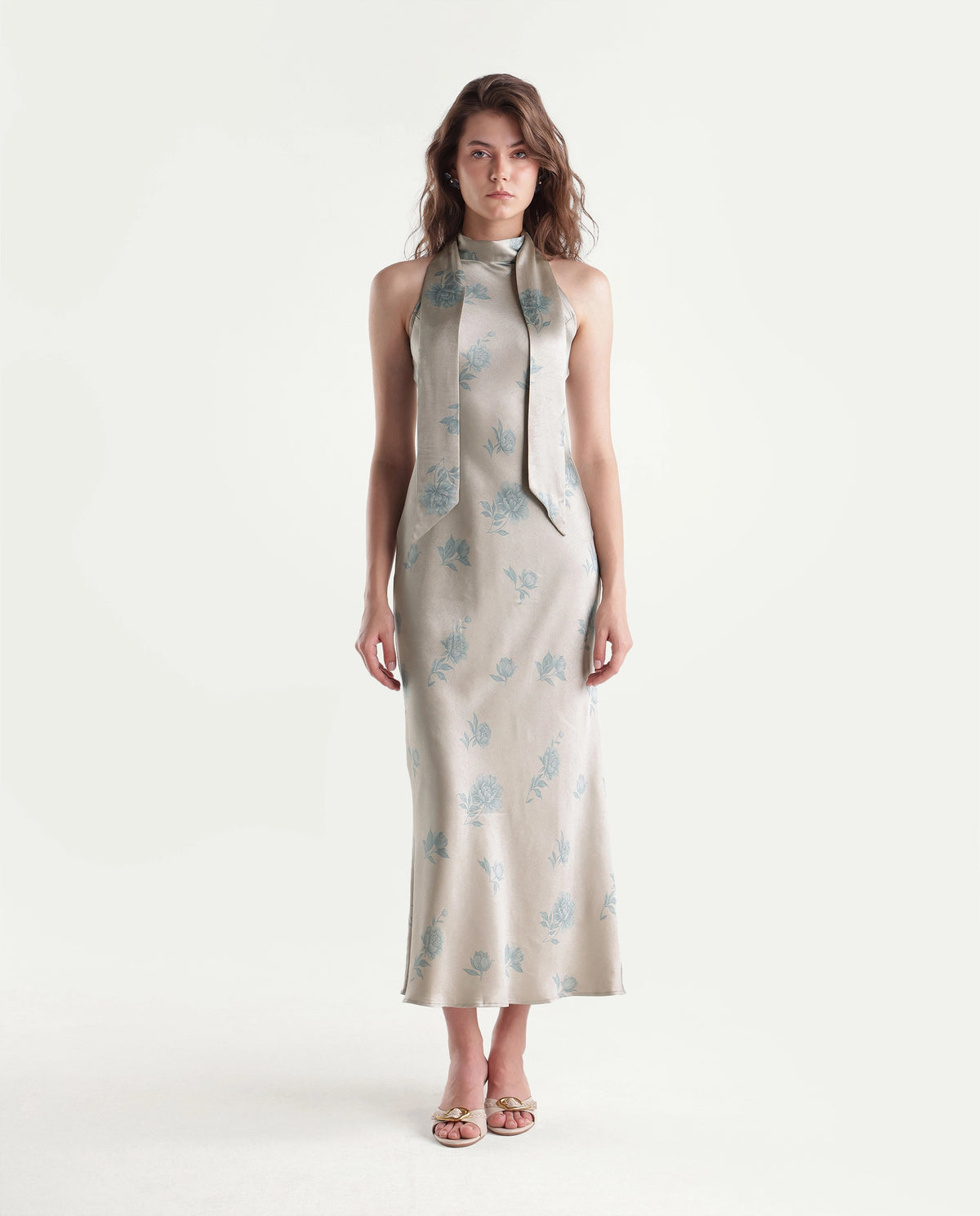 Rareism Women's Penzy Beige Polyester Halter Neck Bodycon Printed Dress