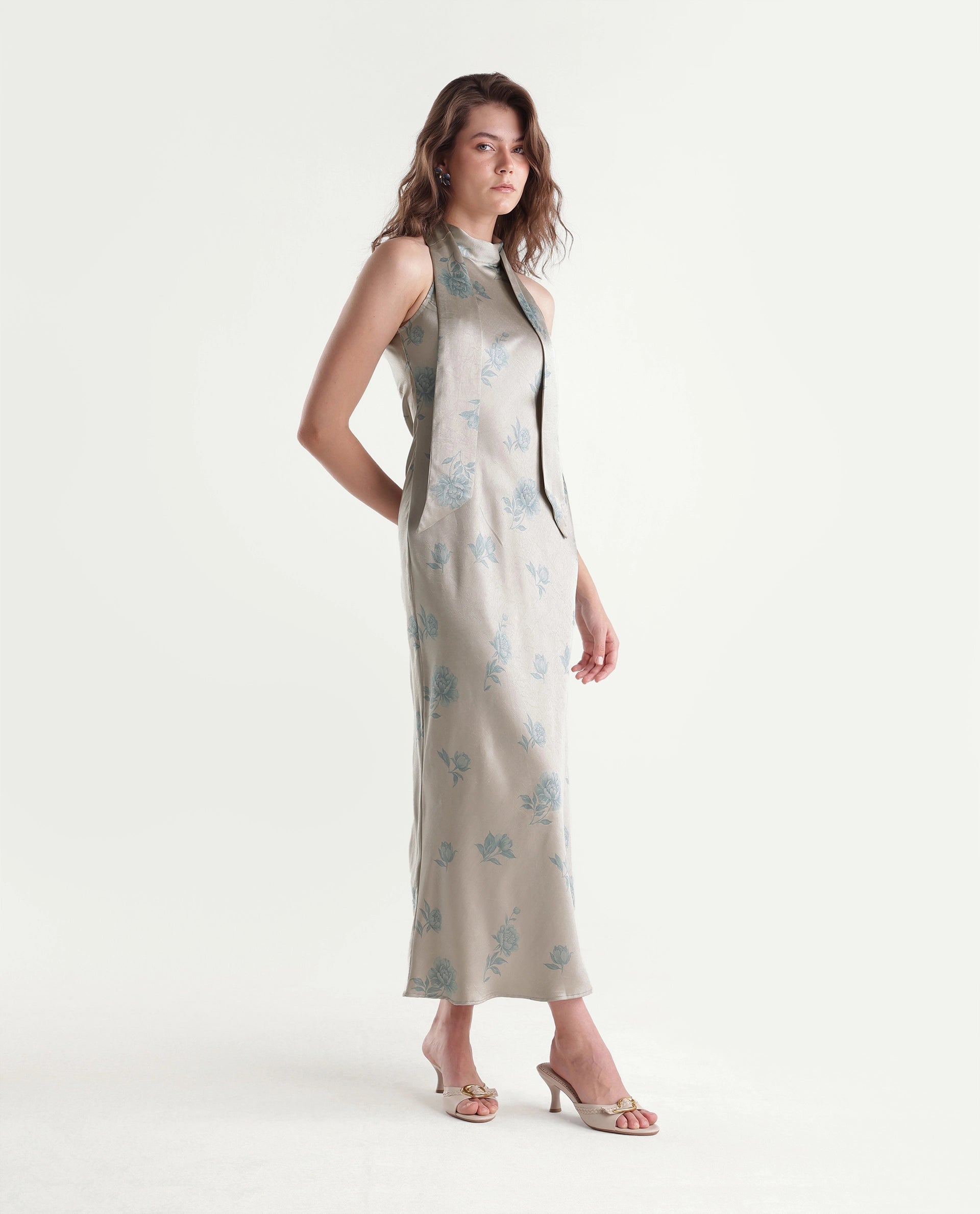 Rareism Women's Penzy Beige Polyester Halter Neck Bodycon Printed Dress