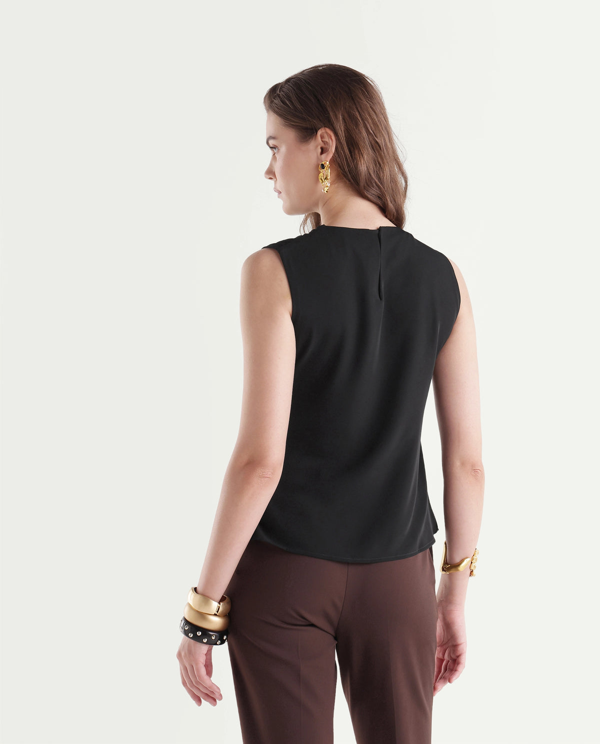 Rareism Women's Ping Black Polyester Crew Neck Regular Plain Top